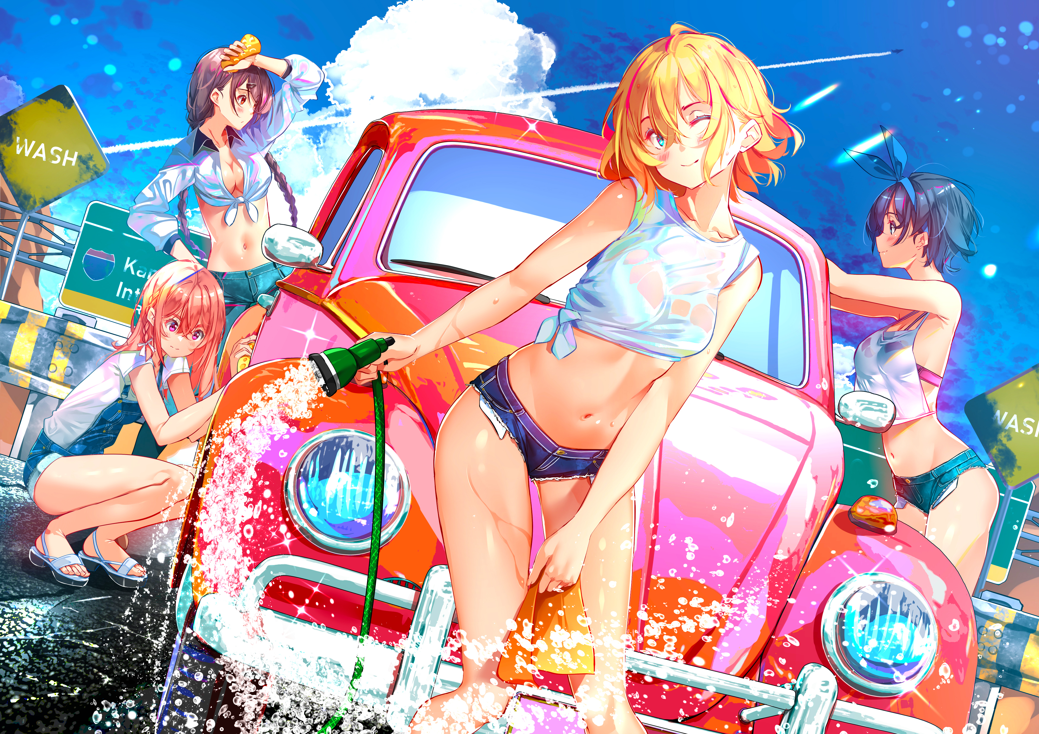 Anime 3508x2480 Kanojo, Okarishimasu (Rent-a-Girlfriend) Sydus anime anime girls car Ruka Sarashina Chizuru Mizuhara artwork Sumi Sakurasawa Mami Nanami Volkswagen Beetle Volkswagen classic car