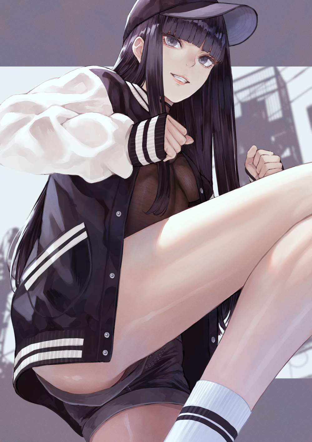 Anime 1000x1414 anime girls black hair baseball cap gray eyes looking at viewer letterman jacket sideboob cleavage shorts hat panties Kaoming artwork