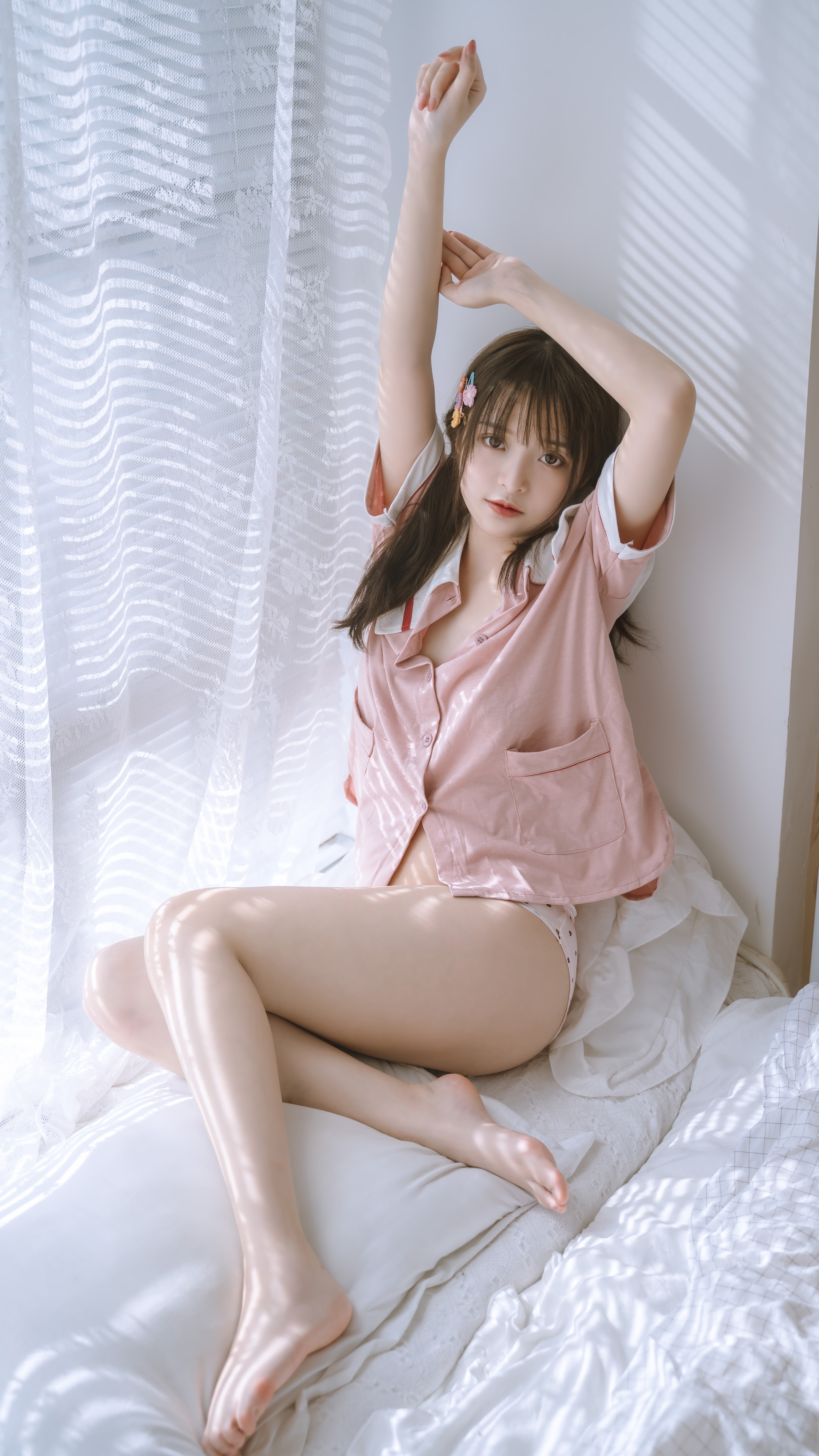 People 3376x6000 women Chinese model dark hair looking at viewer arms up pink shirt white panties thighs in bed Asian Neko Koyoshi