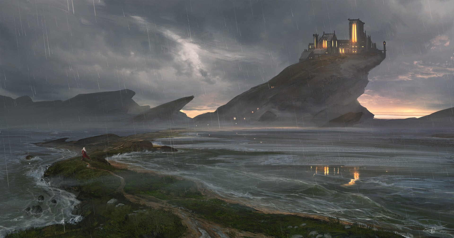 General 1920x1007 Max Suleimanov digital art fantasy art coast water landscape ArtStation rain rocks sky sea