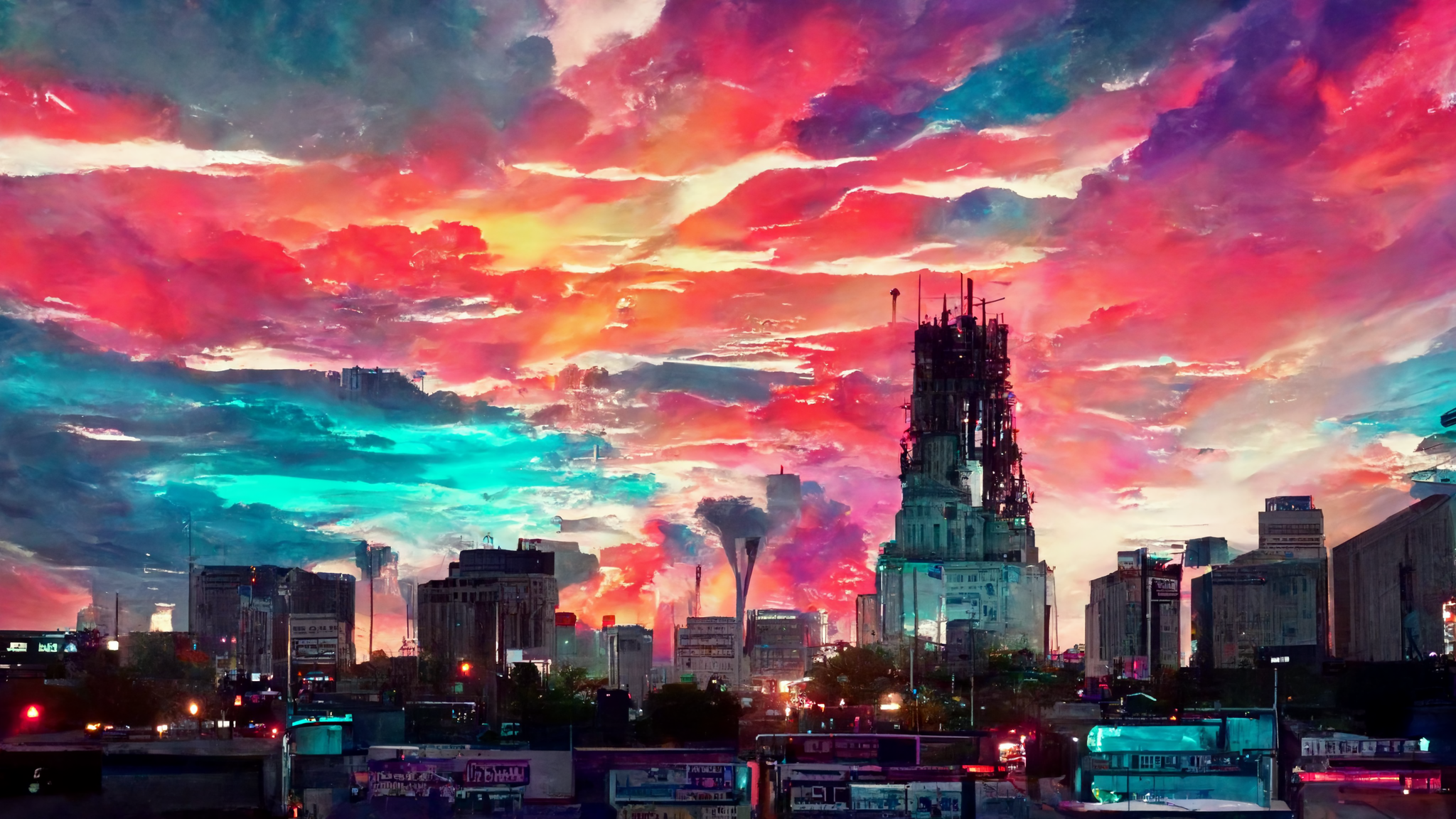 General 2048x1152 AI art clouds vaporwave city sunset red sky house fantasy city