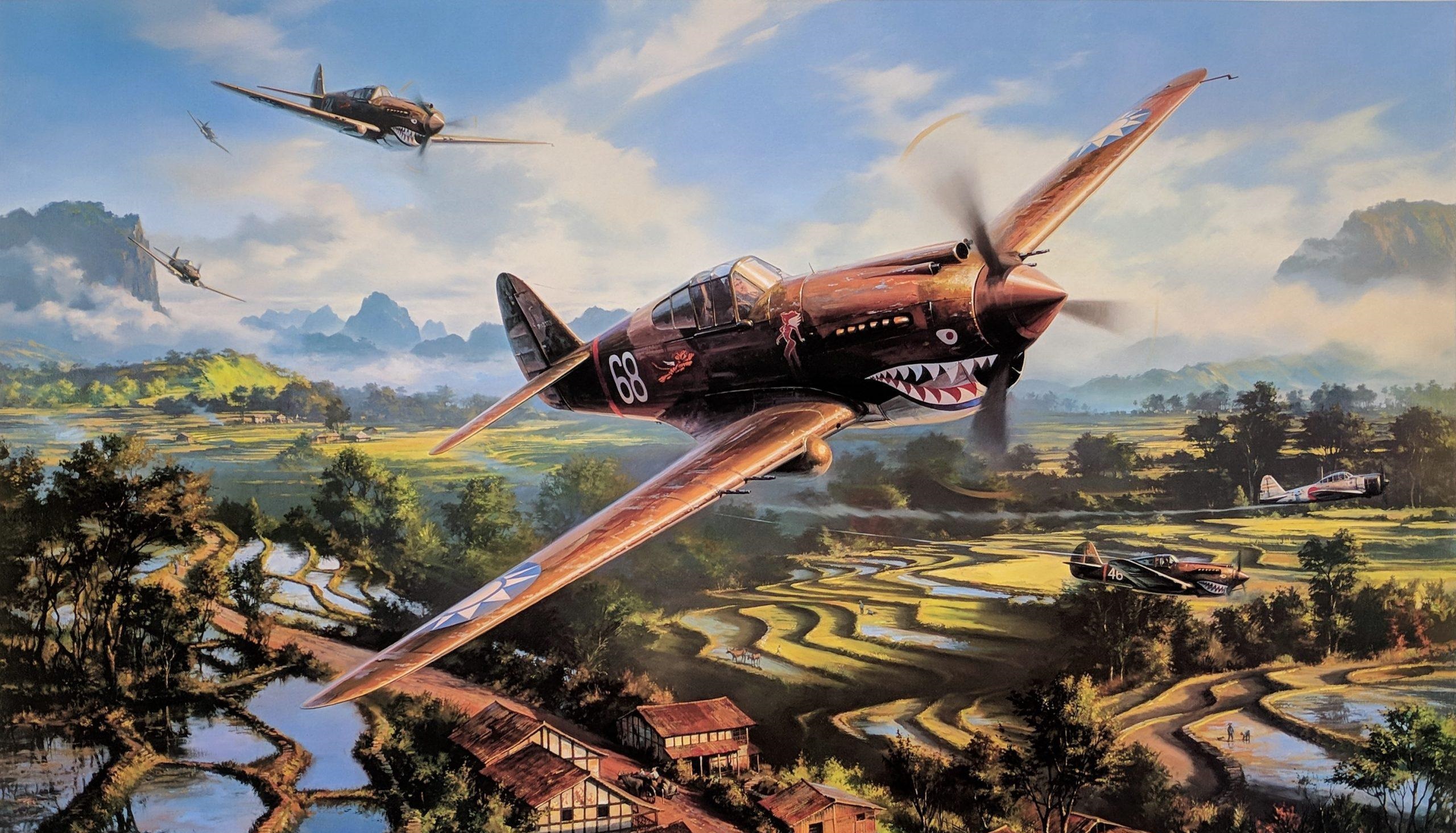 General 2560x1465 World War II war airplane aircraft Curtiss P-40 Warhawk American aircraft clouds flying military aircraft Flying Tiger sky landscape water trees