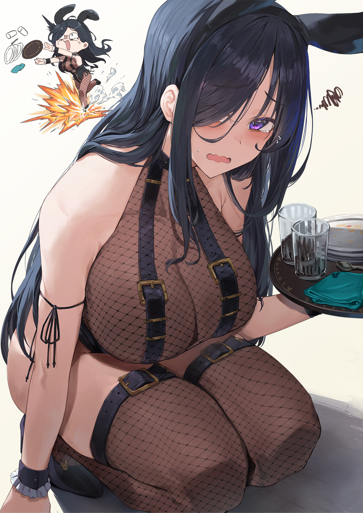 Anime 1254x1771 anime anime girls huge breasts fishnet kneeling bunny ears waitress Neshia artwork cleavage