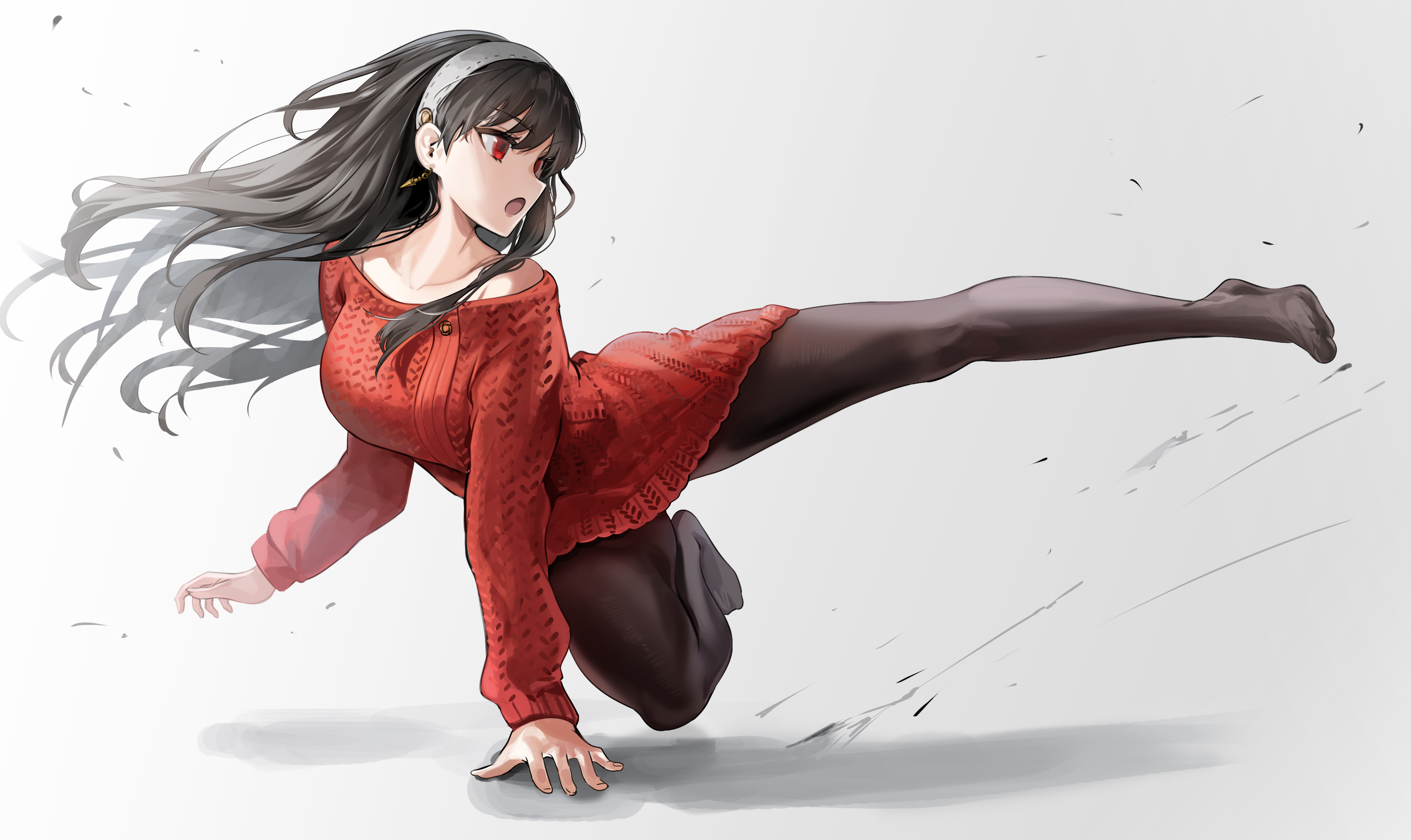 Anime 3600x2144 Yor Forger Spy x Family anime girls fan art anime simple background white background sweater bare shoulders collarbone open mouth long hair Asayuki101 off shoulder black hair red eyes earring legs kick pantyhose