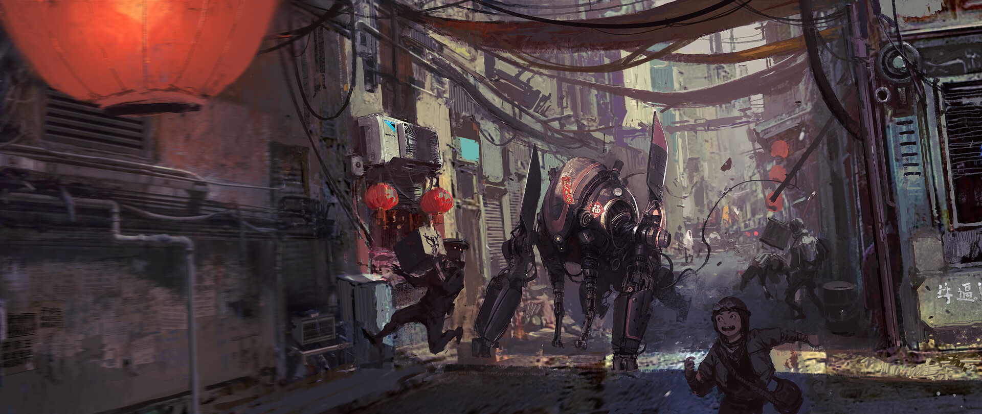 General 1920x810 su jian robot digital art lantern chinese new year artwork futuristic alleyway cyberpunk