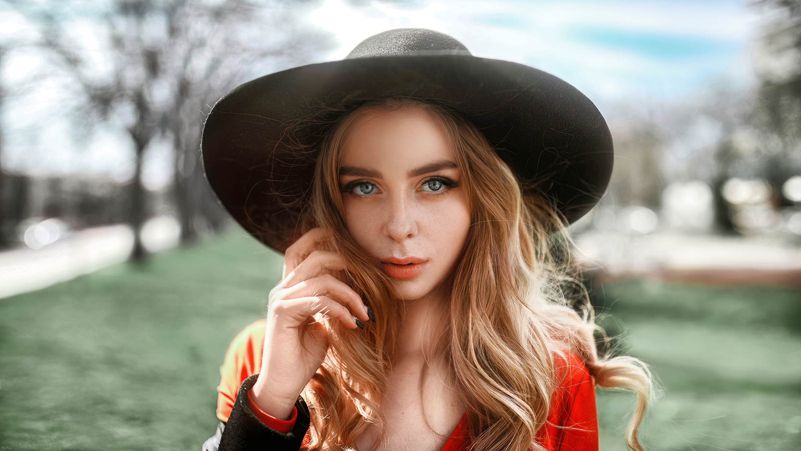 People 1600x900 blonde blue eyes hat depth of field looking at viewer painted nails women women outdoors model photography Dmitriy Ponibudlas