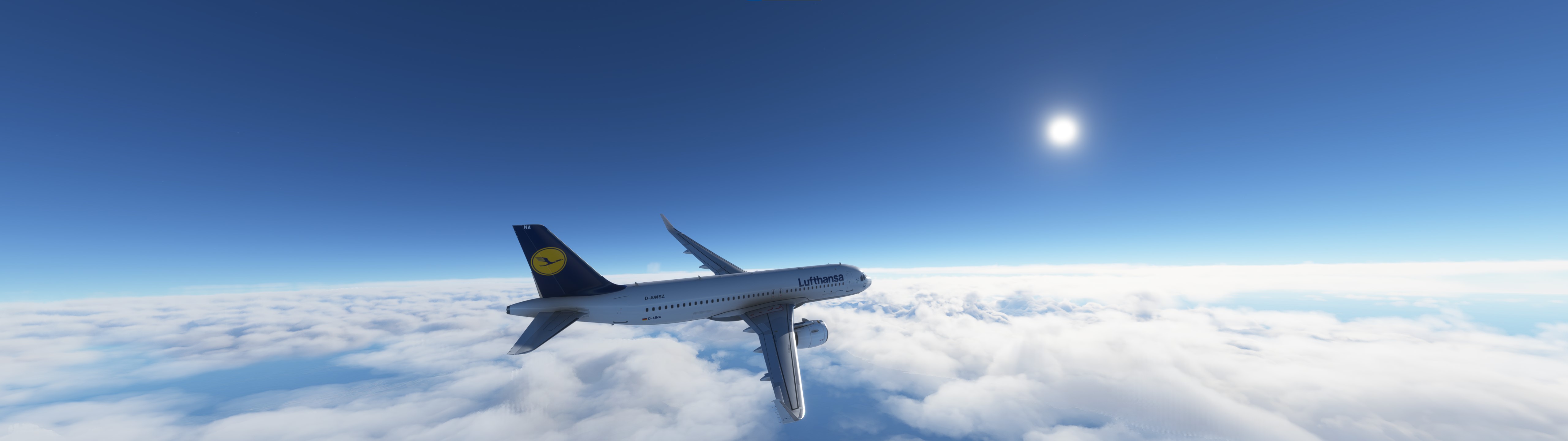 General 5120x1440 flight simulator flying Airbus A320 sky clouds aircraft airplane Lufthansa screen shot PC gaming vehicle passenger aircraft