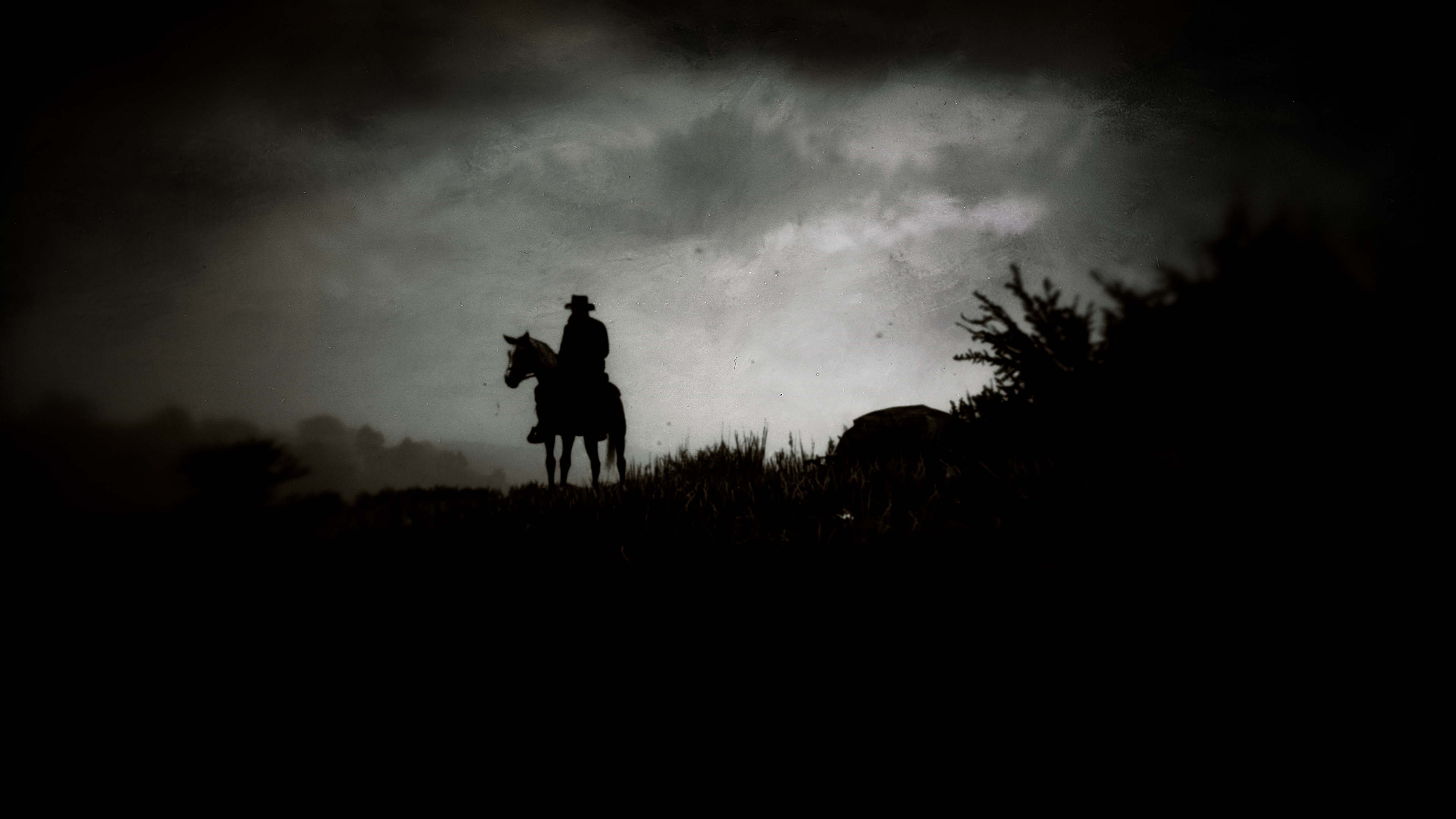 General 3840x2160 western Red Dead Redemption 2 monochrome dark screen shot Rockstar Games Arthur Morgan cowboy horse video games video game characters