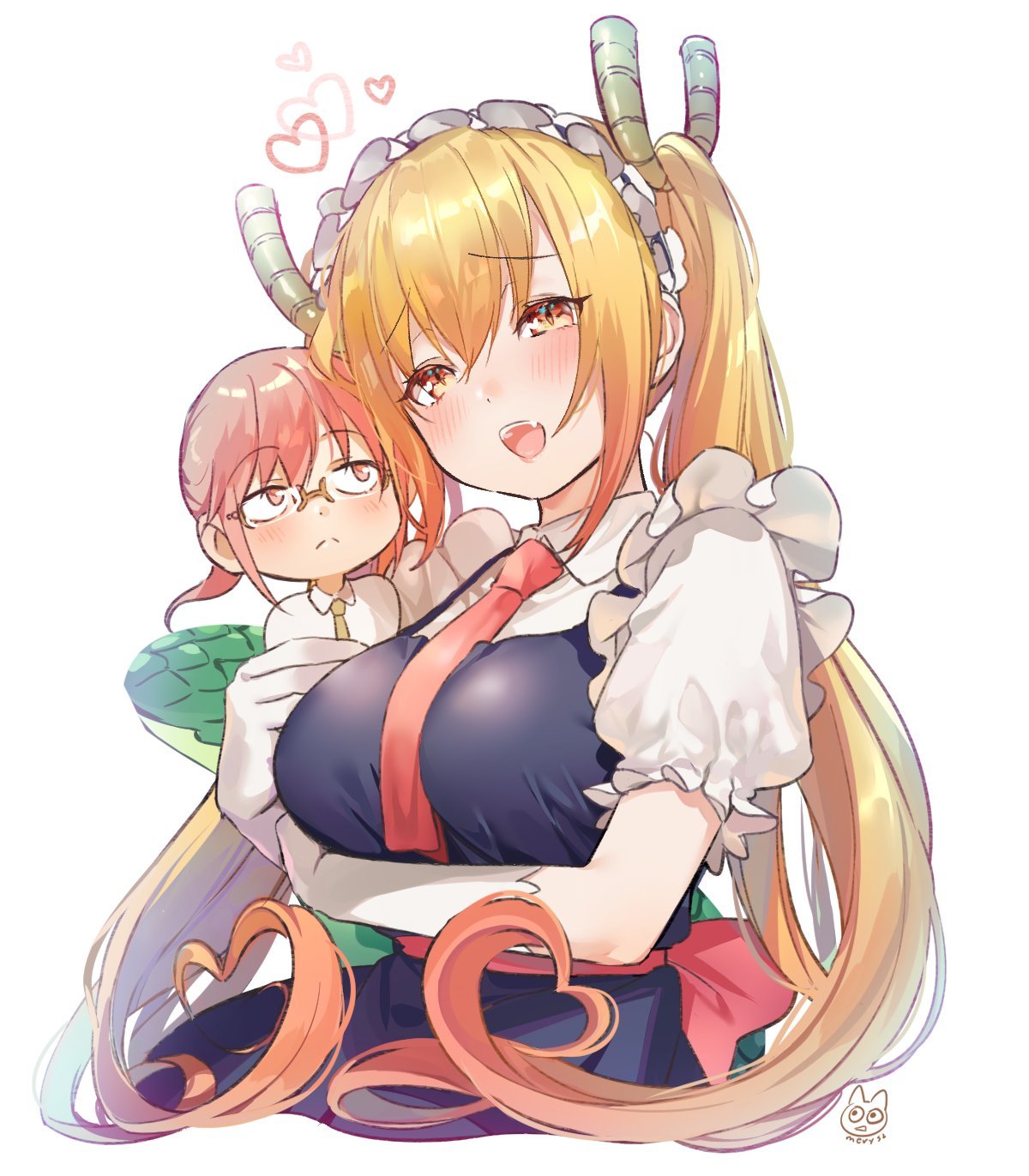 Anime 1200x1372 anime anime girls Kobayashi-san Chi no Maid Dragon Tohru (Kobayashi-san Chi no Maid Dragon) Kobayashi (Kobayashi-san Chi no Maid Dragon) dragon girl horns long hair twintails blonde white background maid maid outfit red tie tail orange eyes Mery (artist)