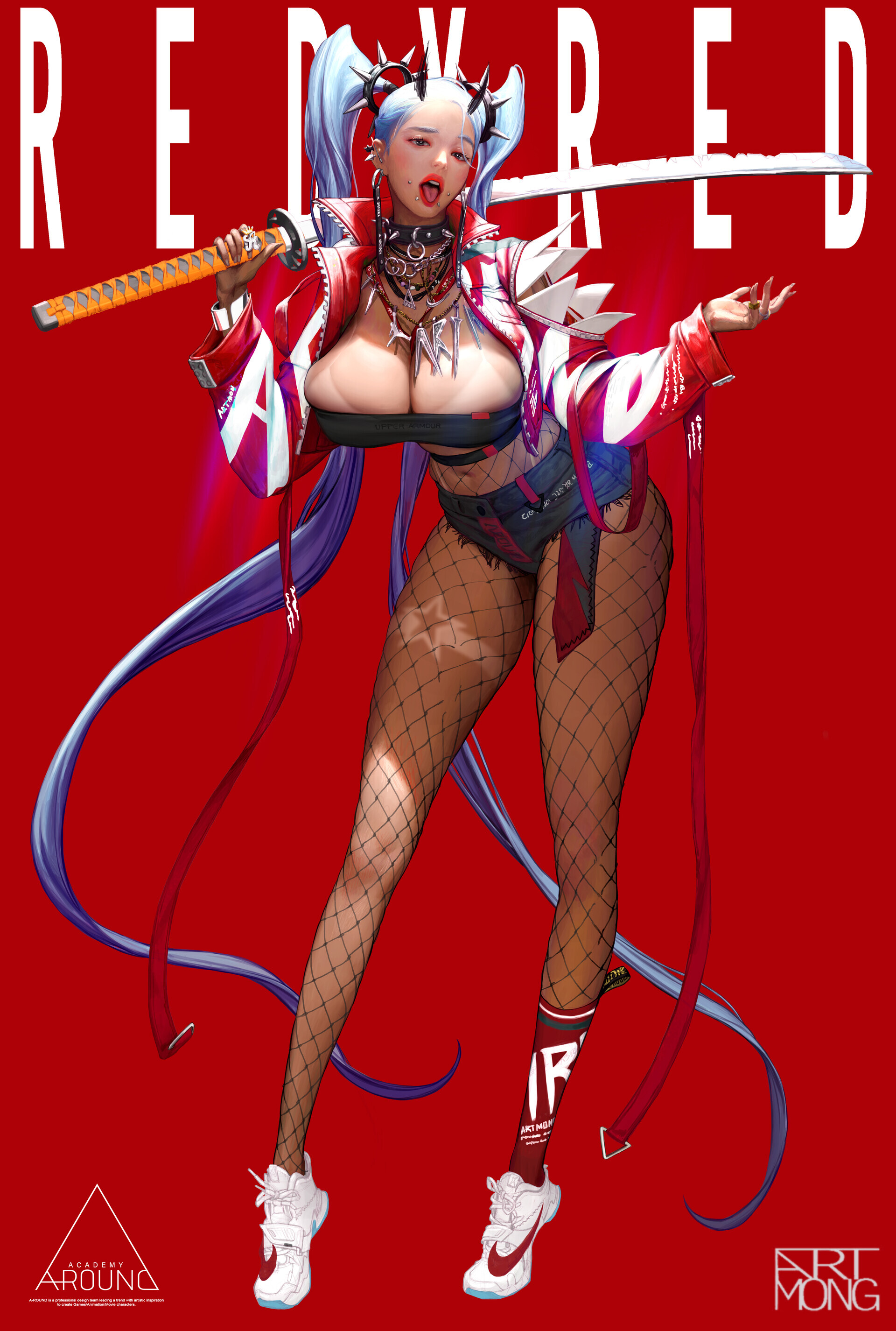 General 1920x2851 A-ROUND STUDIO boobs red straps artwork legs tongue out looking at viewer sword belly button huge breasts standing portrait display digital painting digital art big boobs cleavage katana women fishnet open mouth spikes ArtStation