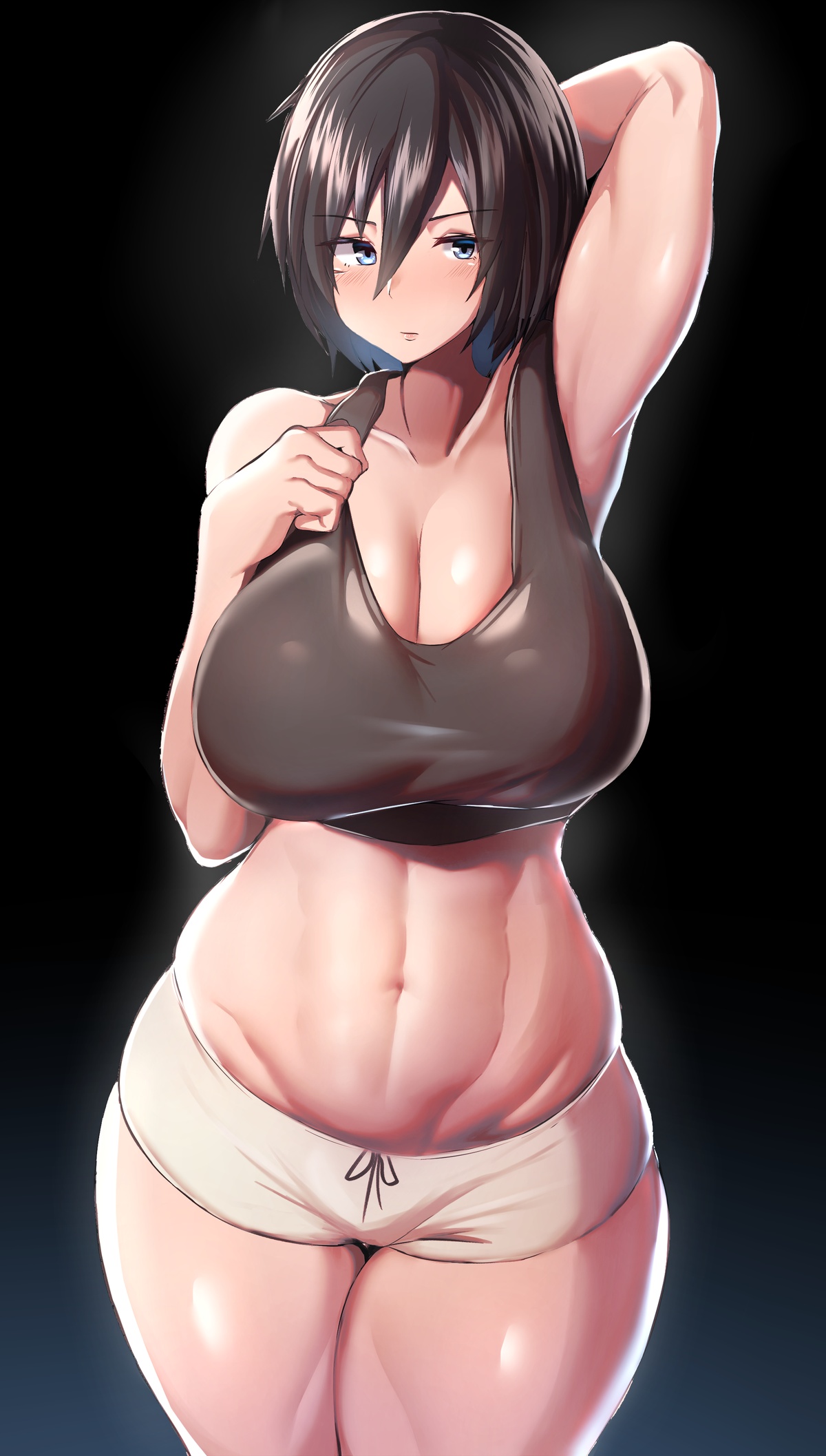 Anime 1200x2115 cleavage muscles abs biceps armpits embarrassed blue eyes Skindentation bare shoulders 2D bangs hair in face 6-pack gradient wide hips curvy standing anime girls black hair short hair alternate costume anime portrait display Tsukunendo
