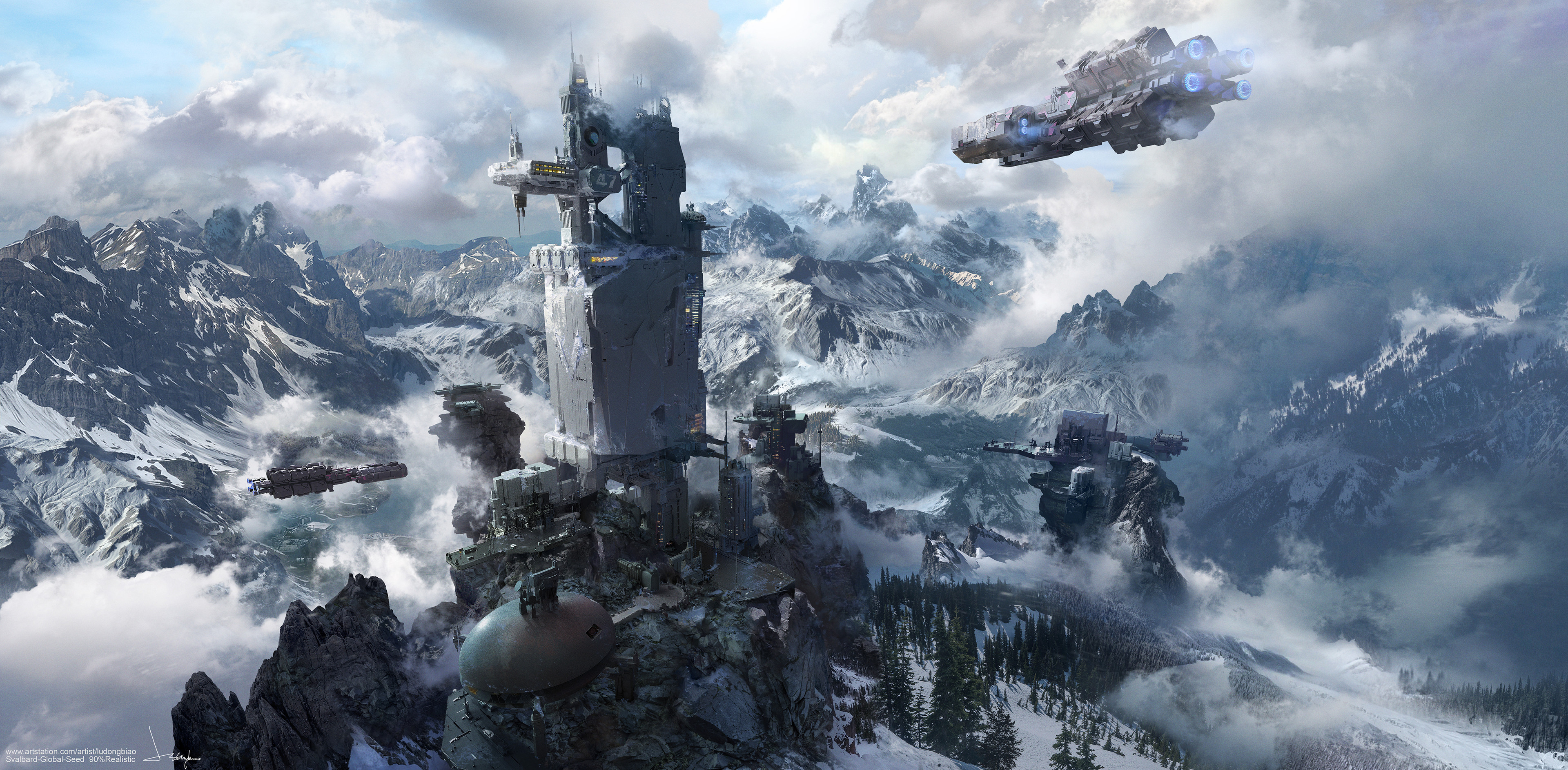General 3840x1886 Dongbiao Lu drawing science fiction mountains snow clouds spaceship flying futuristic trees landscape digital art