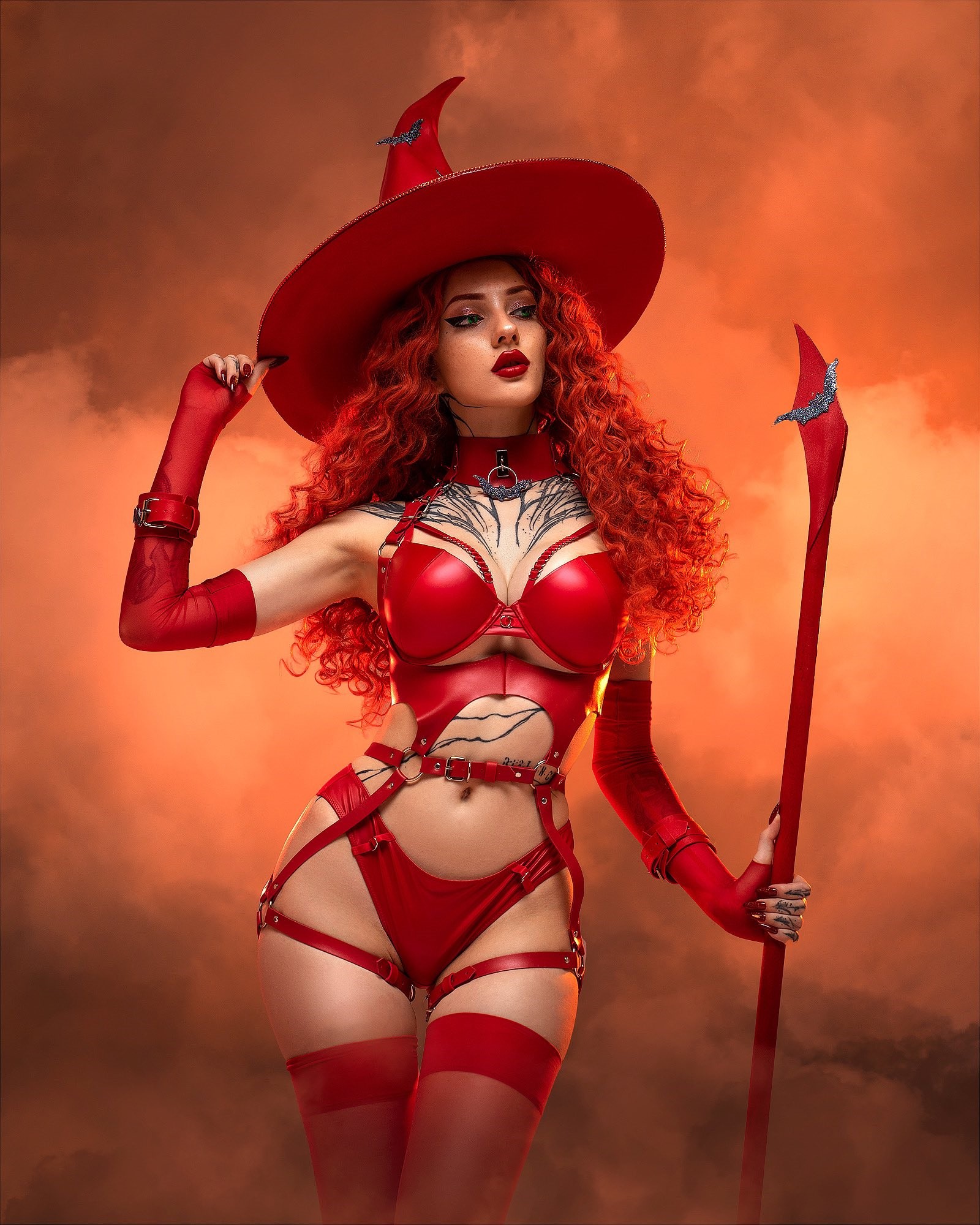 People 1600x2000 Alin Ma women model redhead cosplay Flying Witch witch witch hat red lingerie lingerie hips red panties red bra clouds tattoo gloves red stockings stockings cleavage curvy
