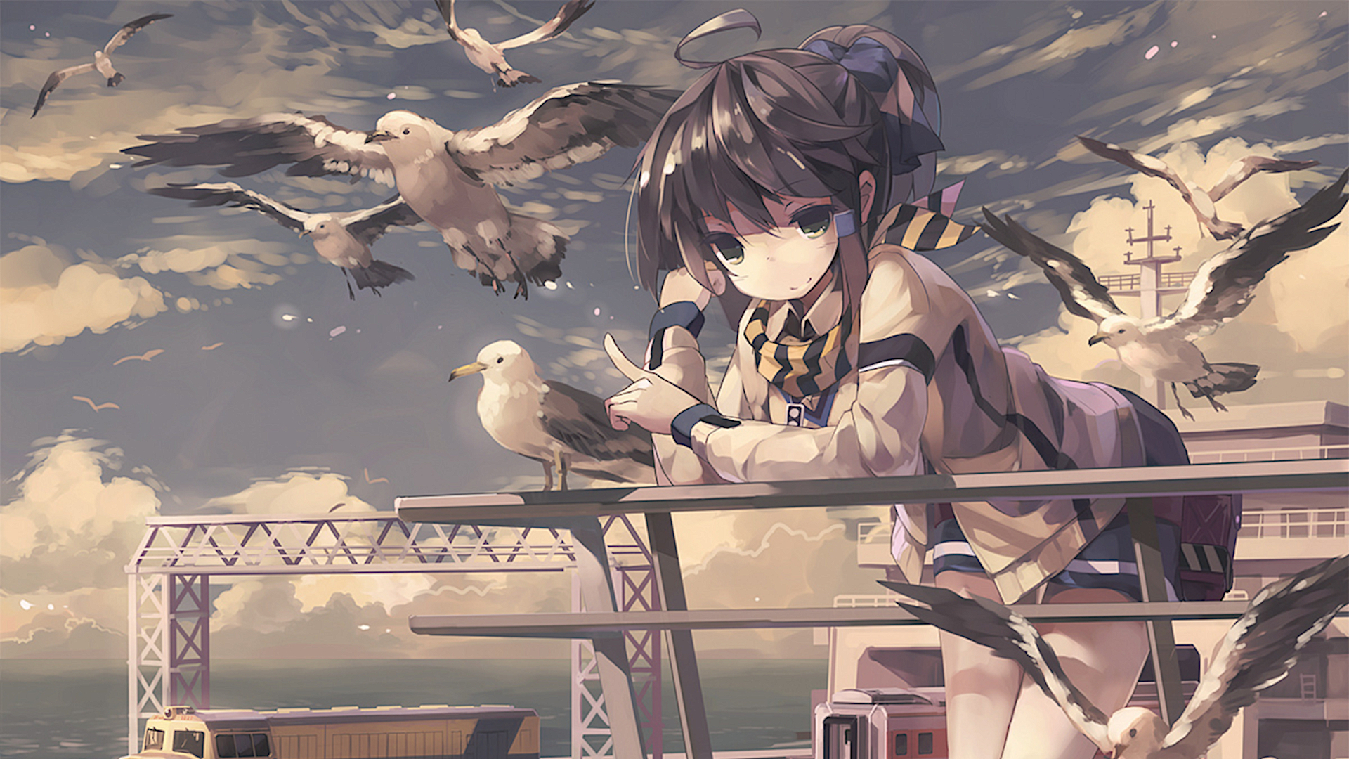 Anime 1920x1080 scarf brown eyes brunette seagulls sea clouds sky finger pointing leaning anime girls miniskirt outdoors railing cropped artwork Huanxiang Huifeng