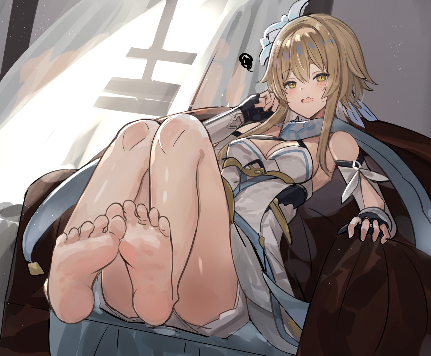 Anime 1400x1158 Genshin Impact Lumine (Genshin Impact) anime girls barefoot dress feet in the air sitting toes blushing feet hair between eyes open mouth blonde yellow eyes foot sole indoors women indoors bent legs bare shoulders flower in hair sweatdrop the_olphy
