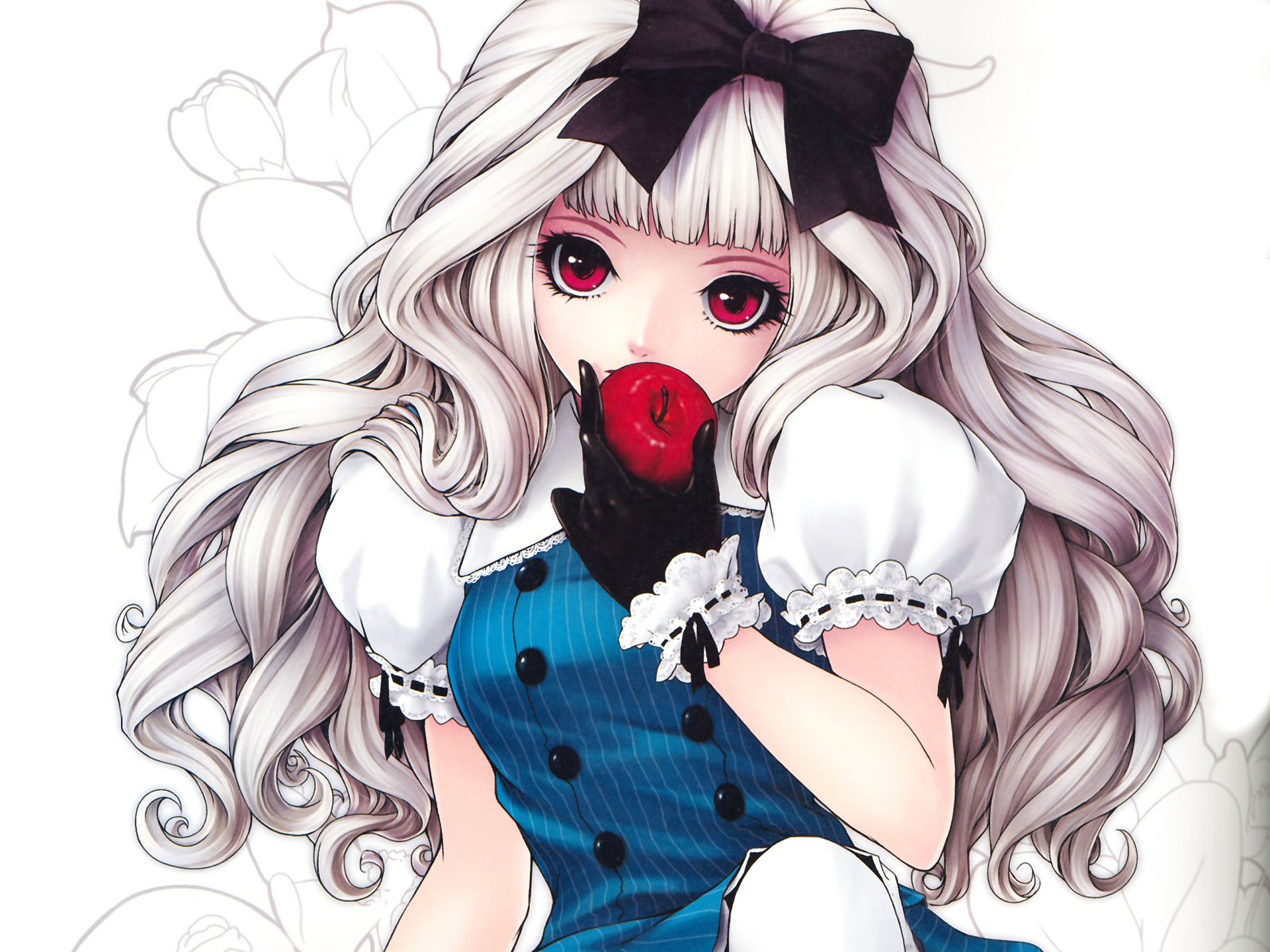 Anime 1920x1440 anime anime girls original characters artwork Kunishige Keiichi cropped white hair red eyes dress apples