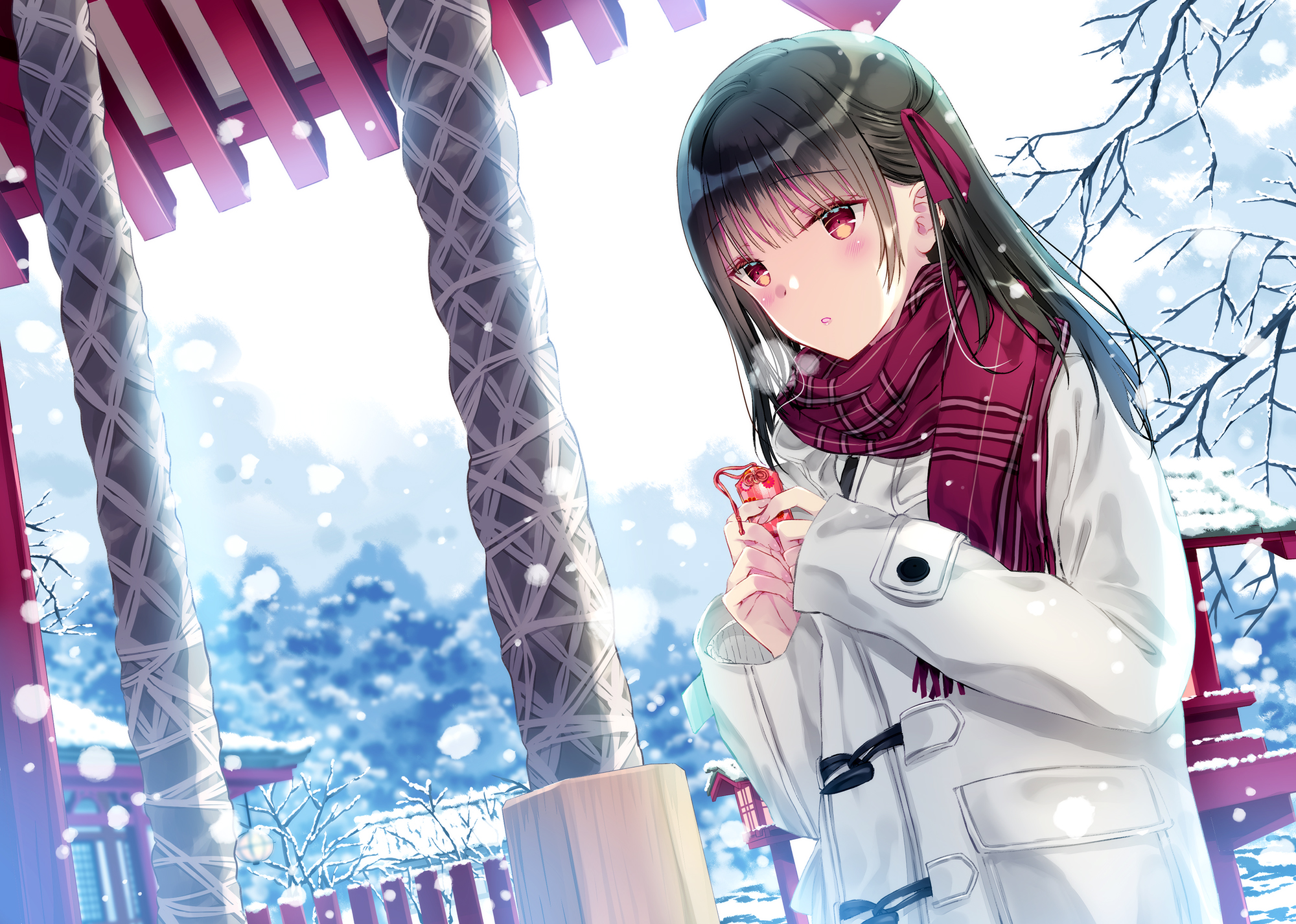 Anime 2000x1426 anime anime girls artwork snow coats scarf breath dark hair red eyes Kobayashi Chisato