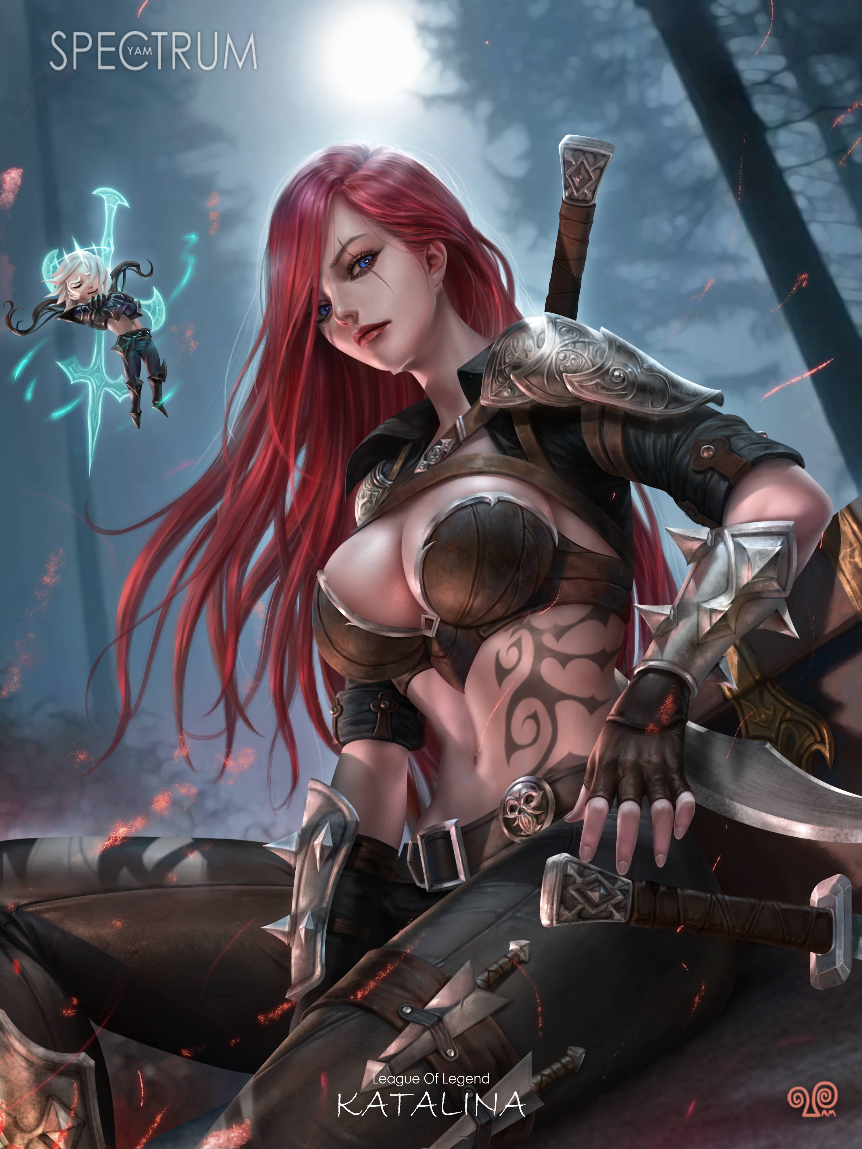 General 3000x4000 illustration artwork digital art fan art drawing fantasy art fantasy girl Mansik Yang video games video game girls video game art video game characters long hair redhead Katarina (League of Legends) belly belly button cleavage tattoo