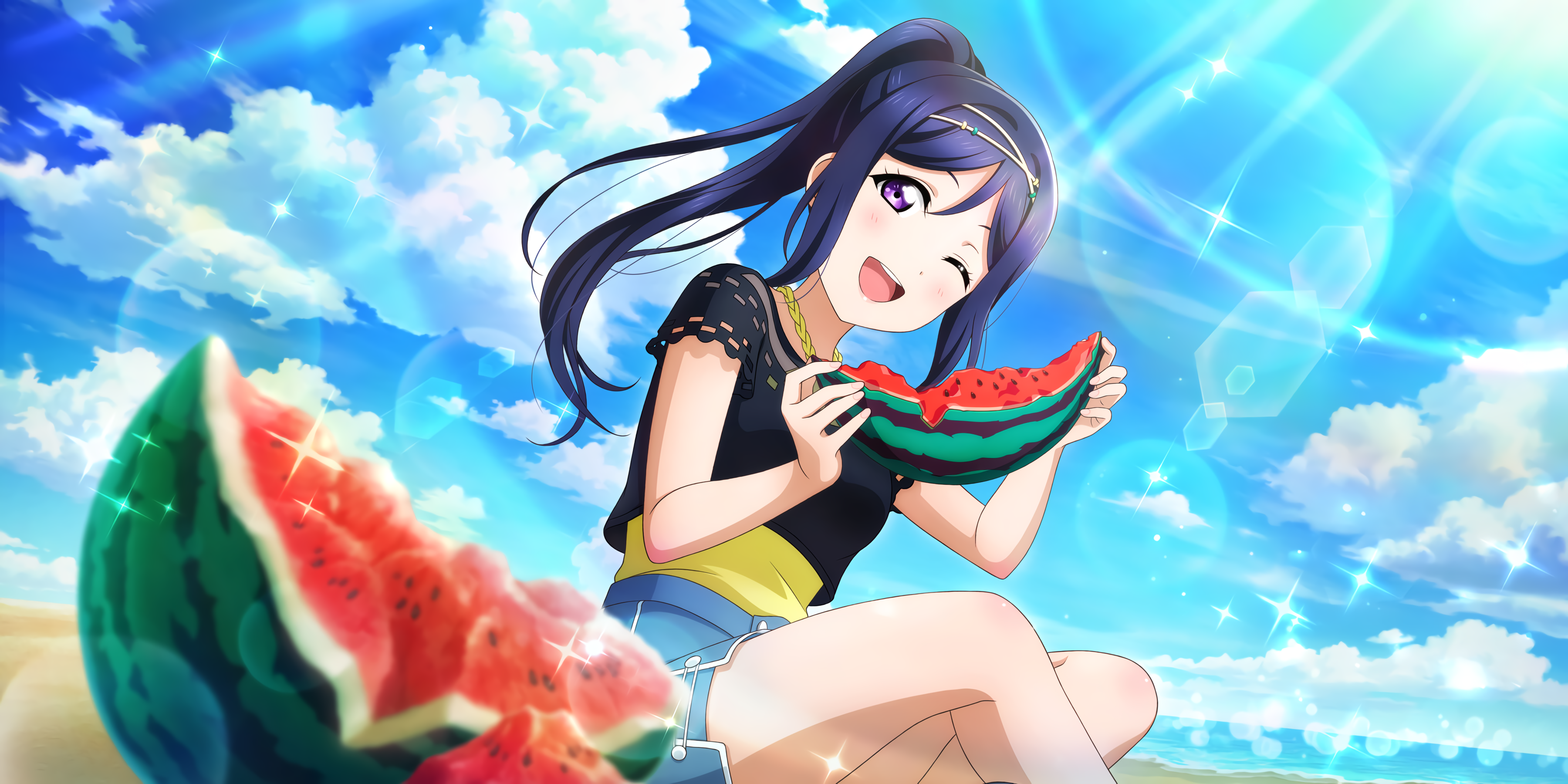 Anime 3600x1800 Matsuura Kanan Love Live! Sunshine anime girls watermelons