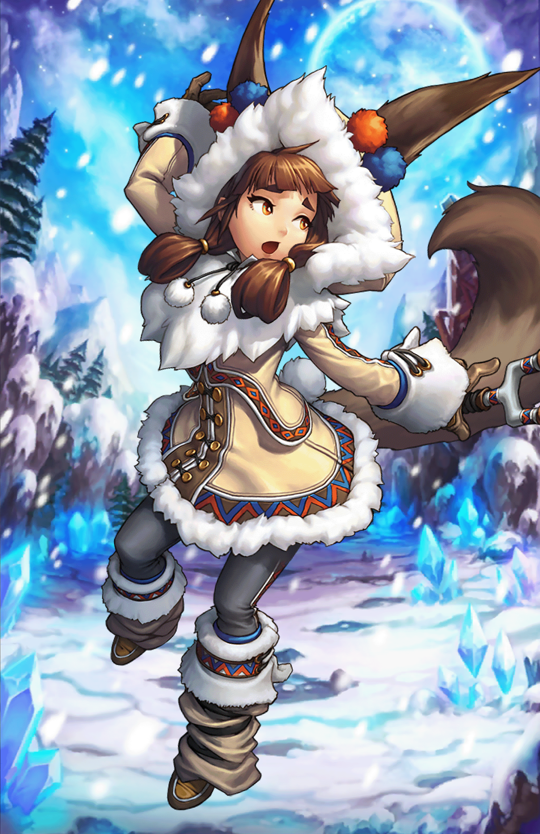 Anime 1799x2778 Guardian Tales Coco (Guardian Tales) fox girl brunette brown eyes winter tail