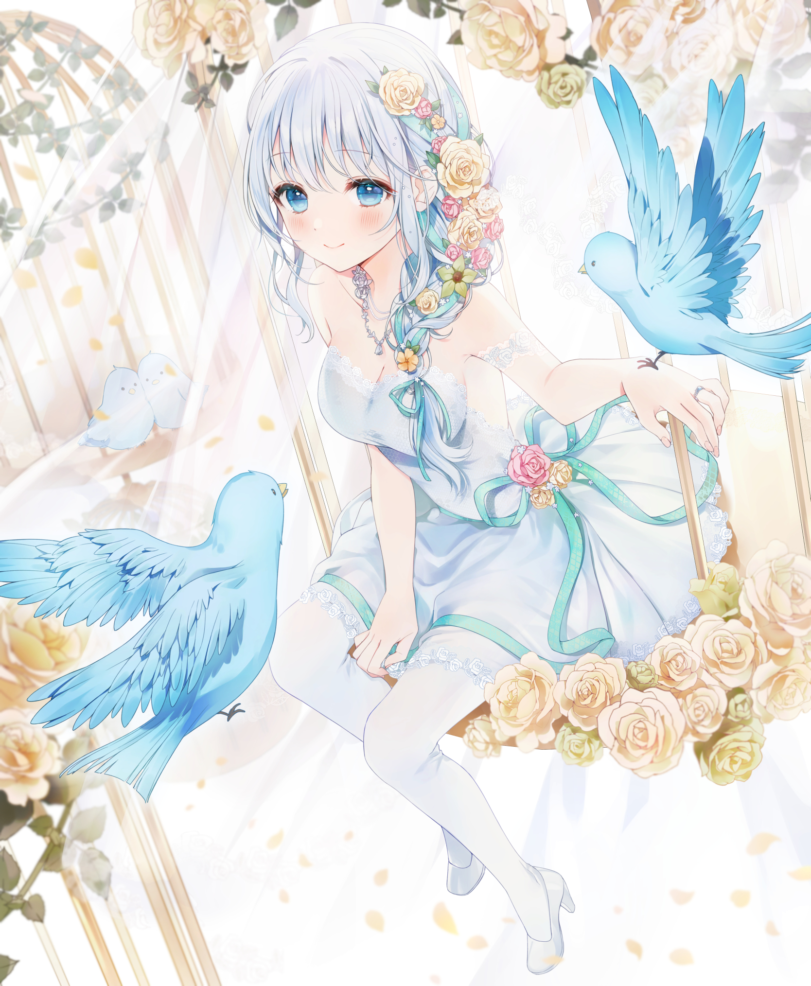 Anime 1668x2028 Atsumaru anime girls birds flowers flower in hair heels blue eyes white dress