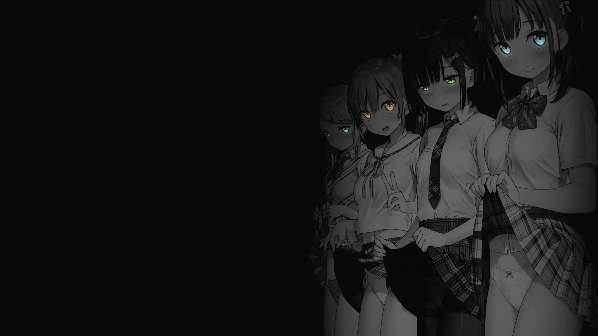 Anime 1920x1080 simple background dark background black background anime girls selective coloring group of women aqua eyes green eyes yellow eyes tie skirt lifting skirt panties underwear smiling looking at viewer plaid skirt anime Kantoku Afterschool of the 5th year