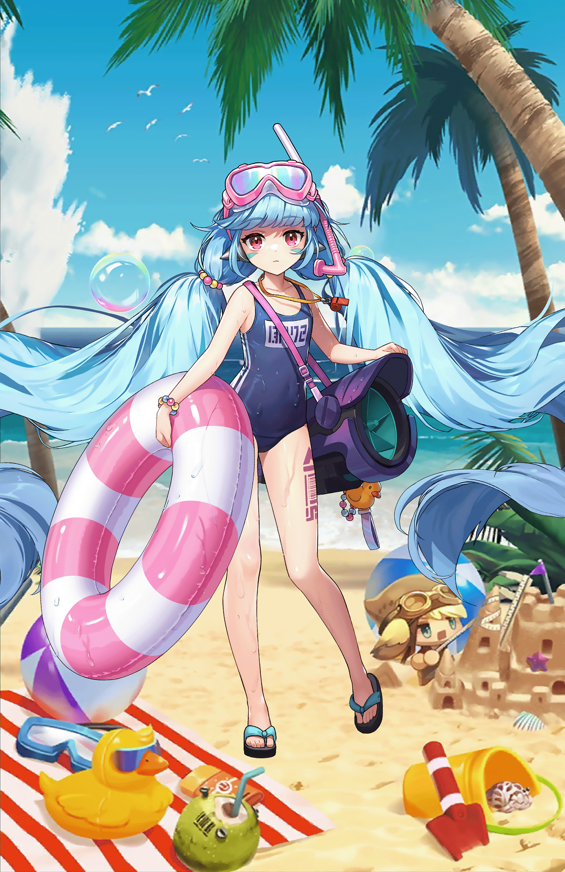 Anime 1799x2778 Guardian Tales Android AA72 (Guardian Tales) life preserver anime anime girls women on beach swimwear sand palm trees floater scuba diving