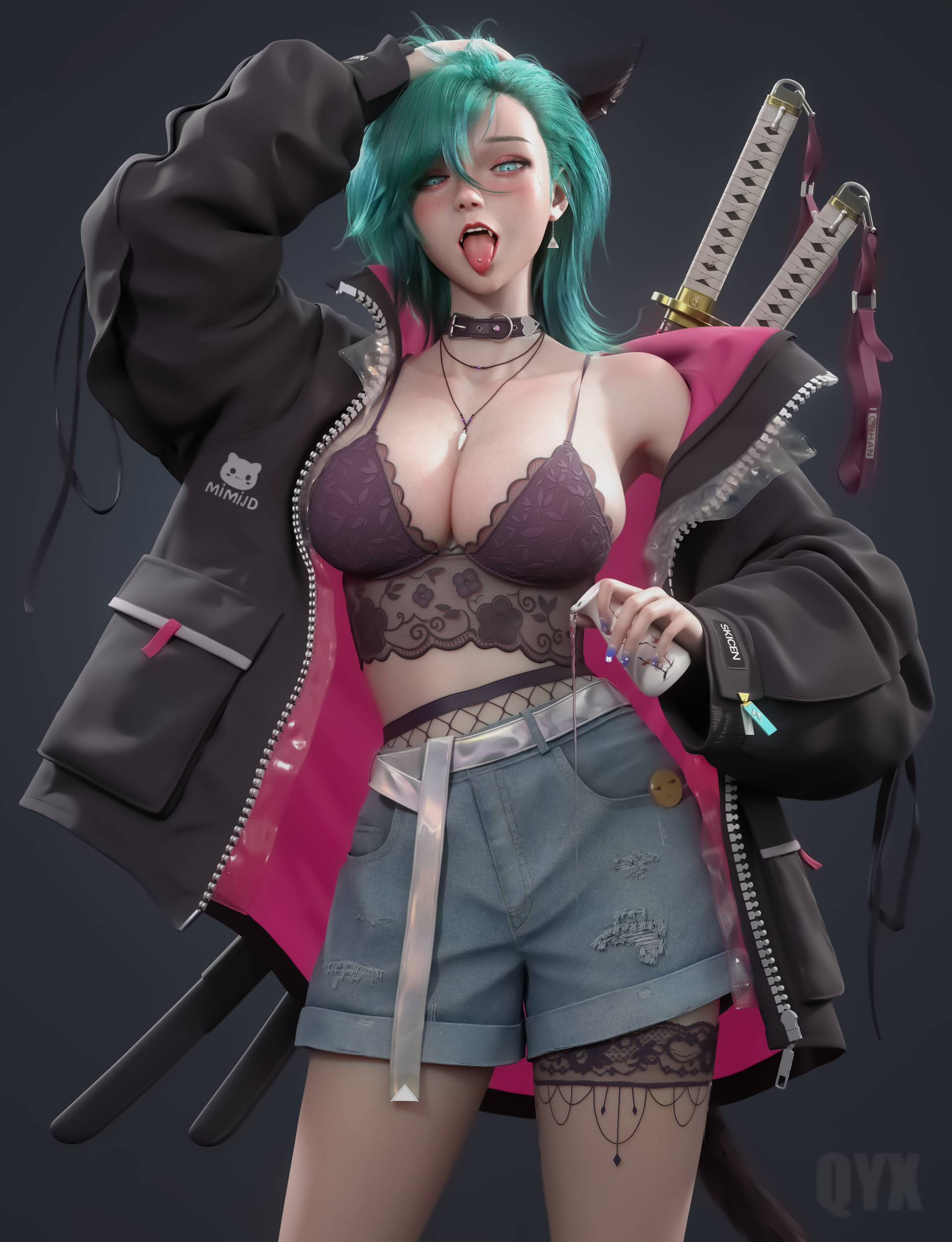 General 1920x2504 Wen Bin CGI women green hair tongue out bra lace shorts open jacket katana weapon simple background big boobs sword