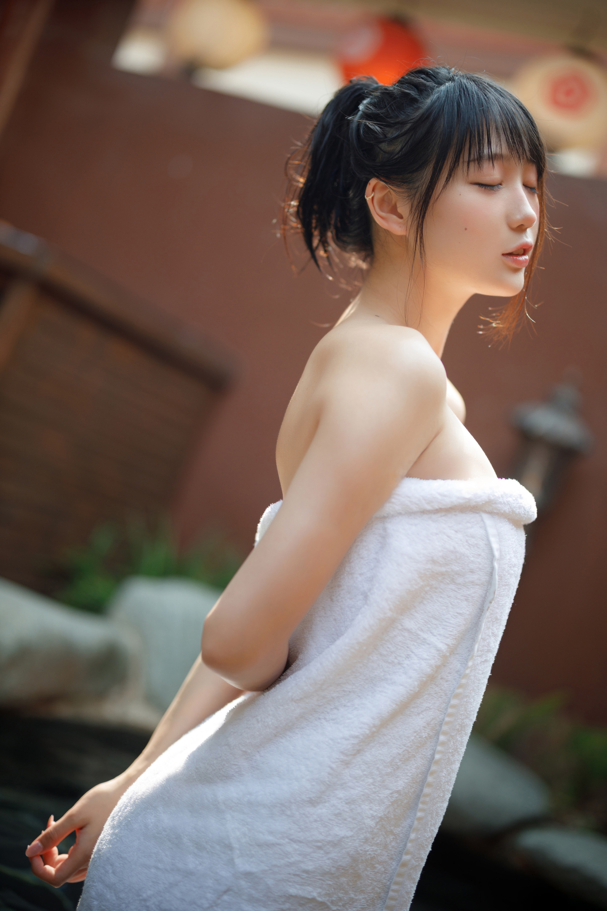 People 2048x3072 Asian women bath towel bathhouse black hair closed eyes bare shoulders brunette towel piercing