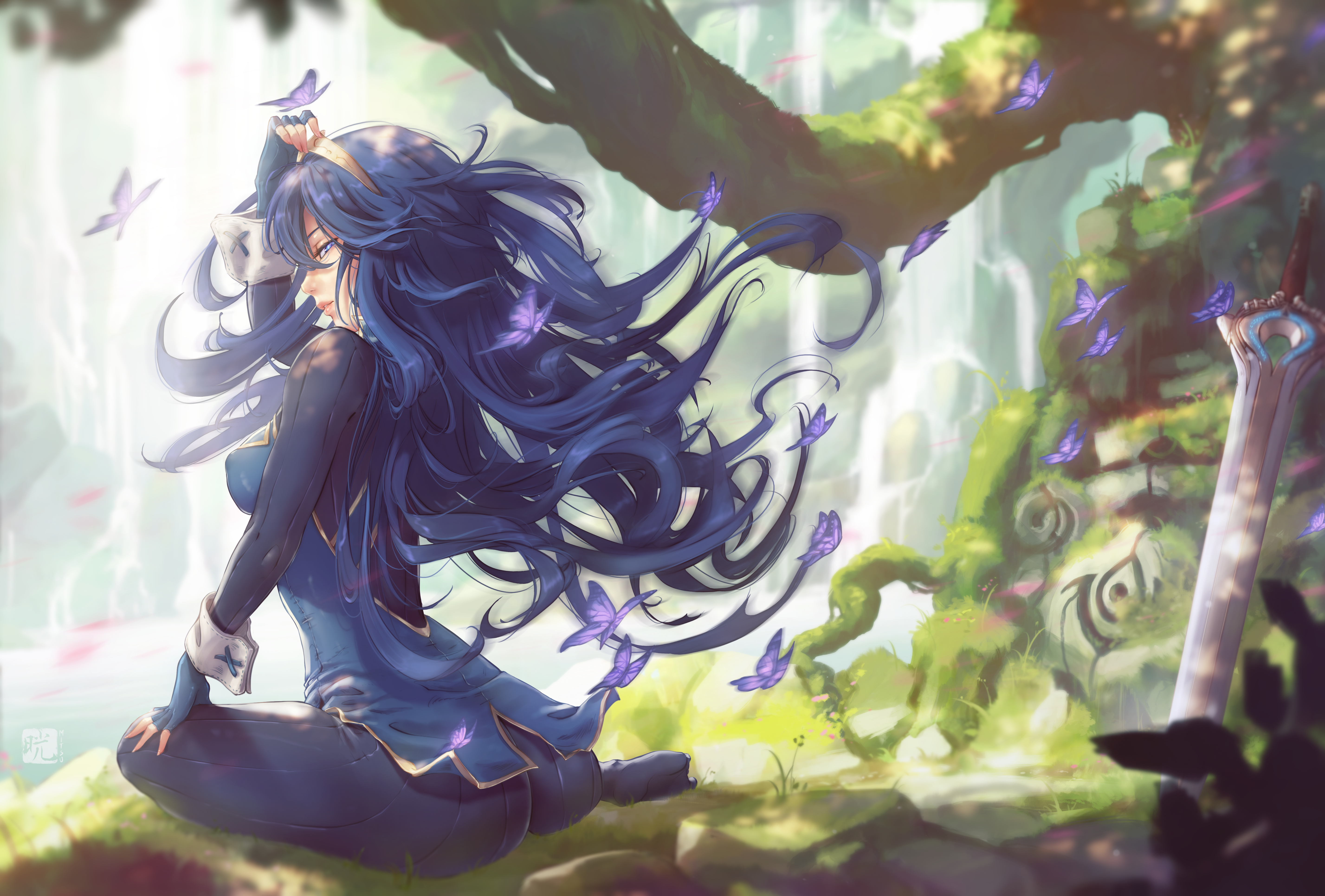 Anime 5710x3862 Lucina Fire Emblem video games video game girls video game characters blue hair long hair headband profile parted lips sensual gaze sitting behind tight clothing bodysuit ass butterfly waterfall sword anime anime girls 2D artwork drawing illustration fan art Mitsu