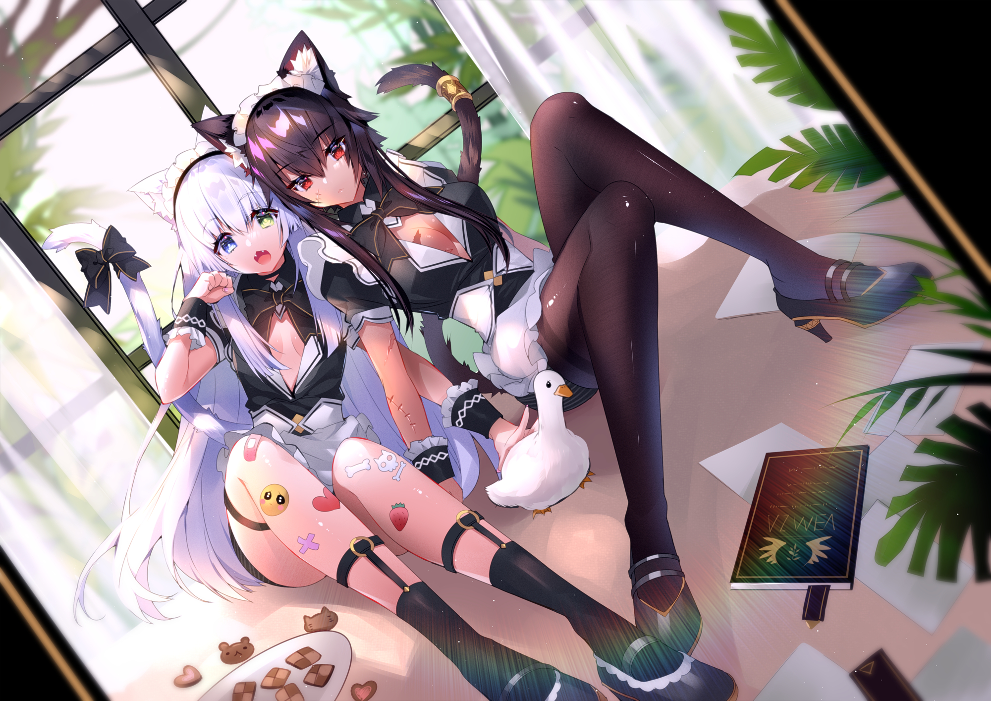 Anime 2000x1414 anime anime girls cat girl maid Usagihime artwork maid outfit cleavage white hair brunette long hair heterochromia red eyes