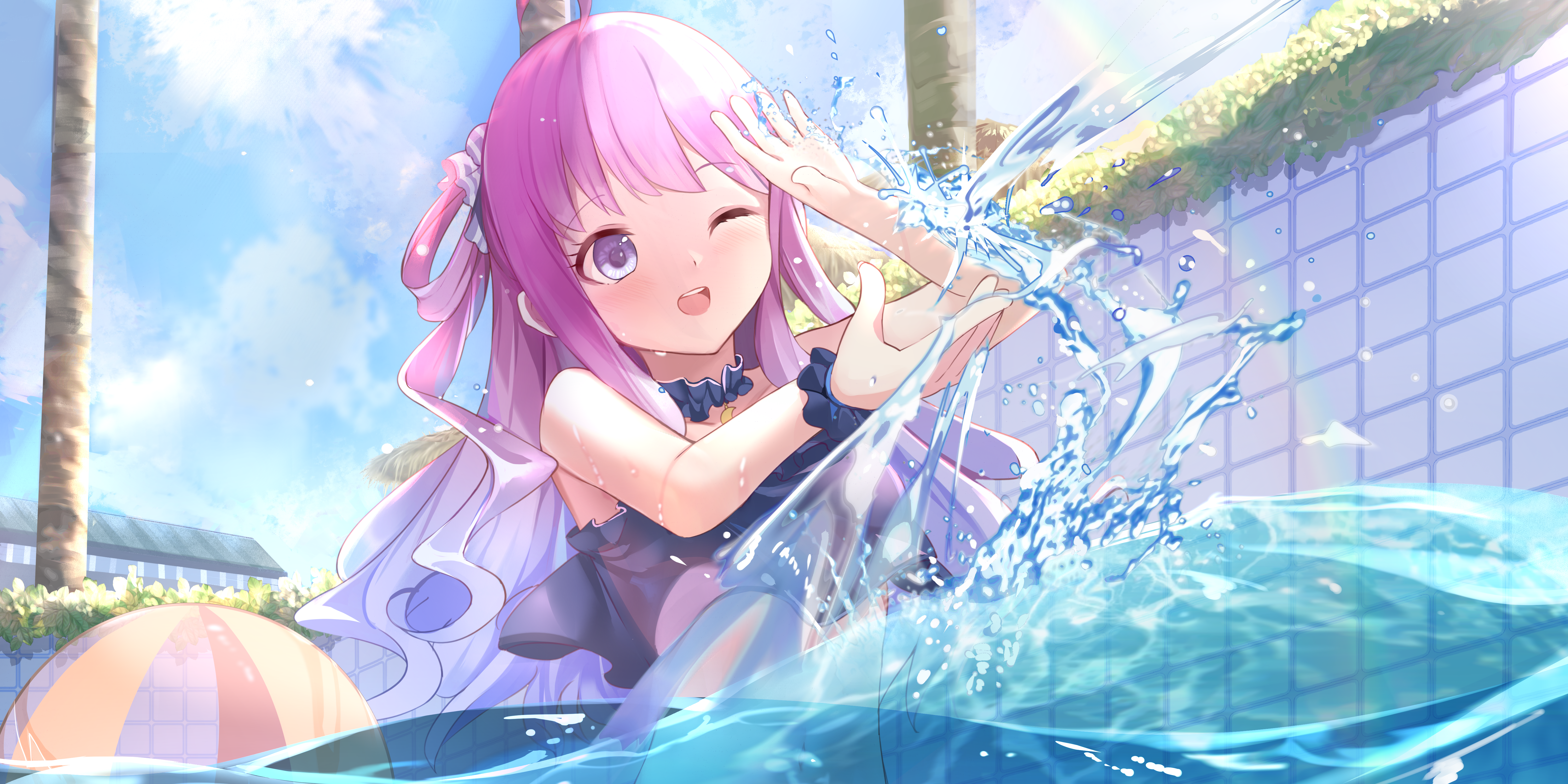 Anime 6000x3000 KanaNote anime anime girls Hololive Himemori Luna Virtual Youtuber purple hair purple eyes swimming pool bikini
