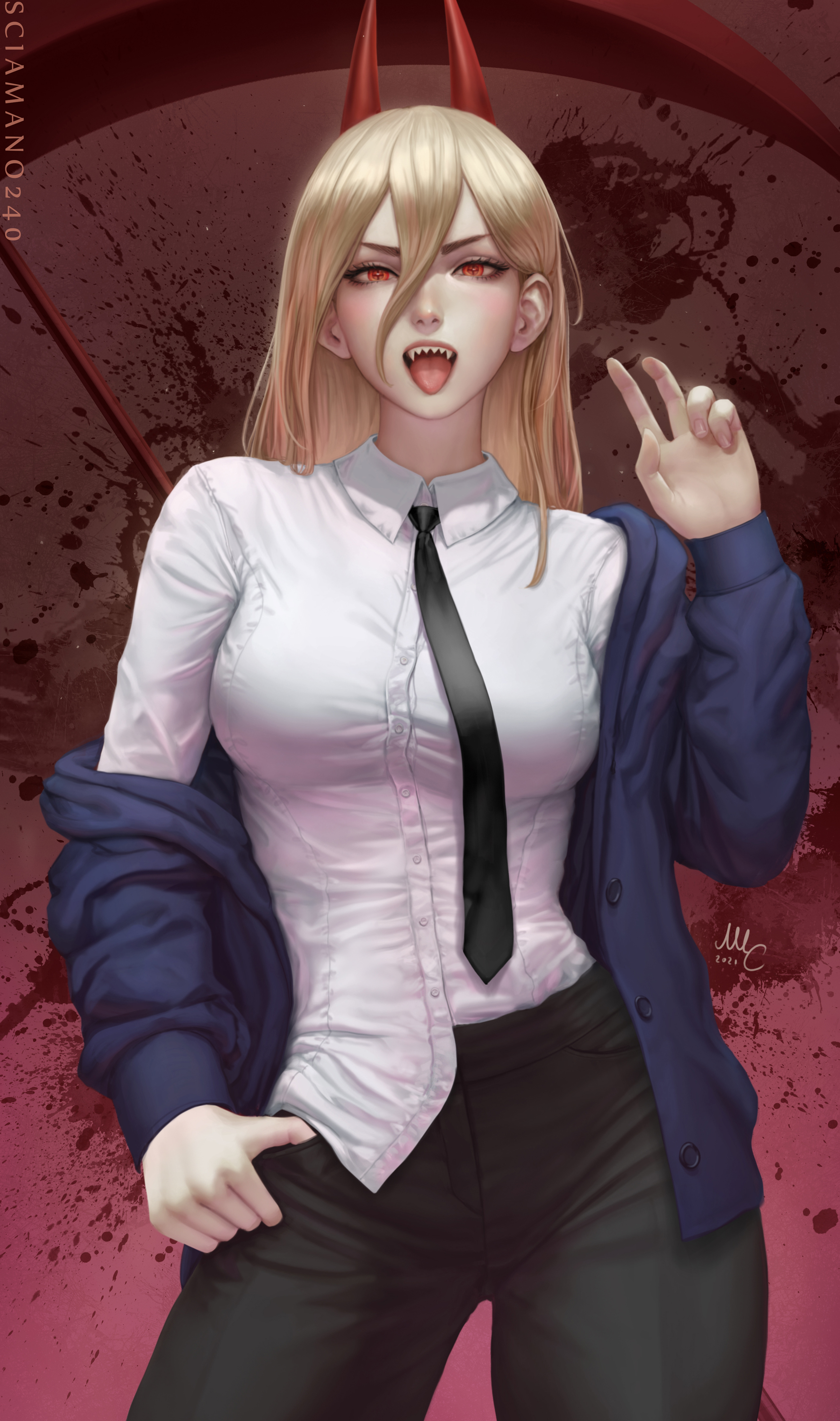 Anime 1774x3000 illustration artwork digital art fan art drawing fantasy art fantasy girl women Mirco Cabbia anime anime girls Chainsaw Man Power (Chainsaw Man) long hair blonde horns open mouth looking at viewer tongue out shirt tie red eyes