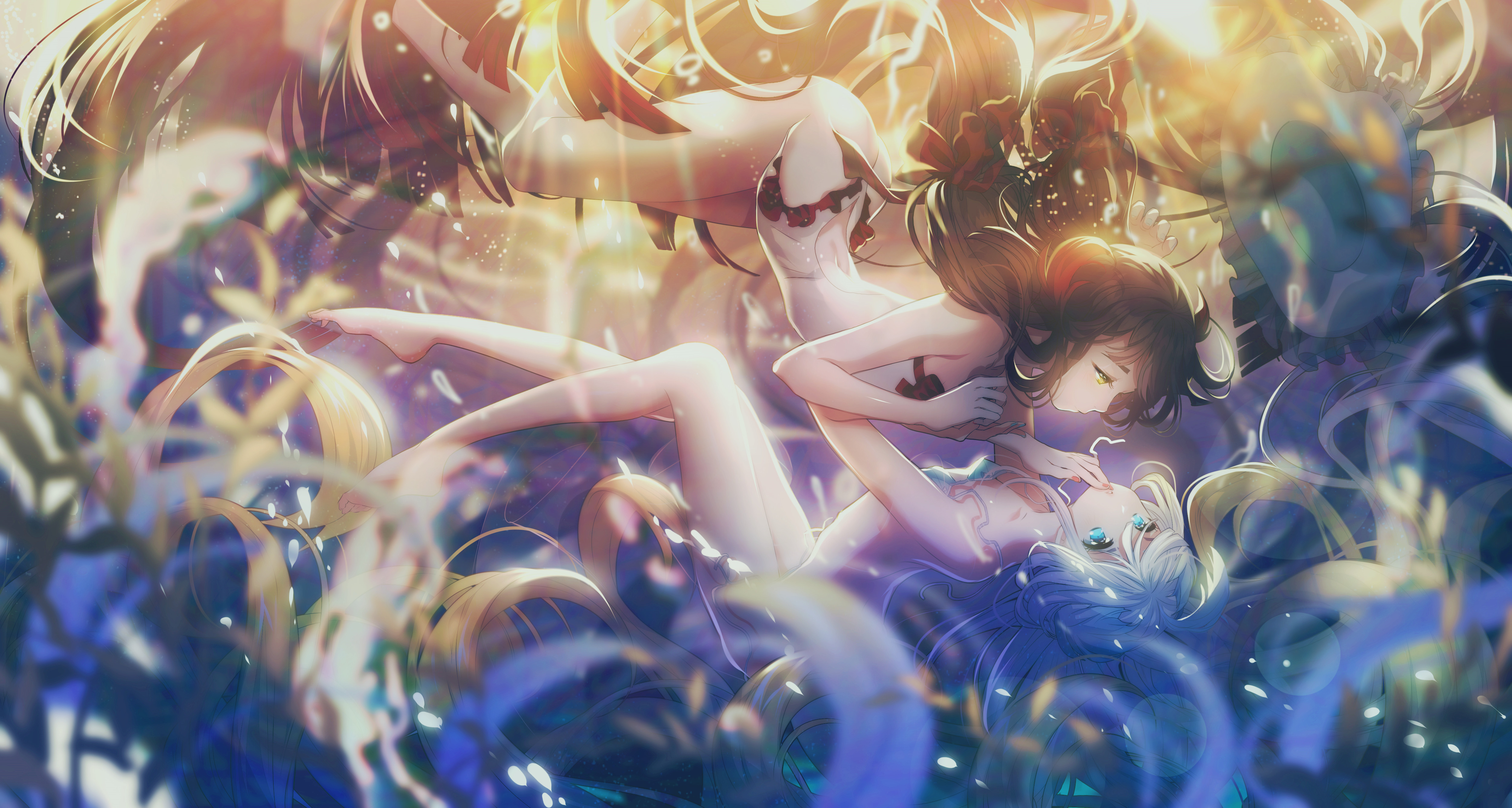 Anime 5000x2672 Miemia Noah Fantasy anime anime girls one-piece swimsuit underwater long hair blonde brunette