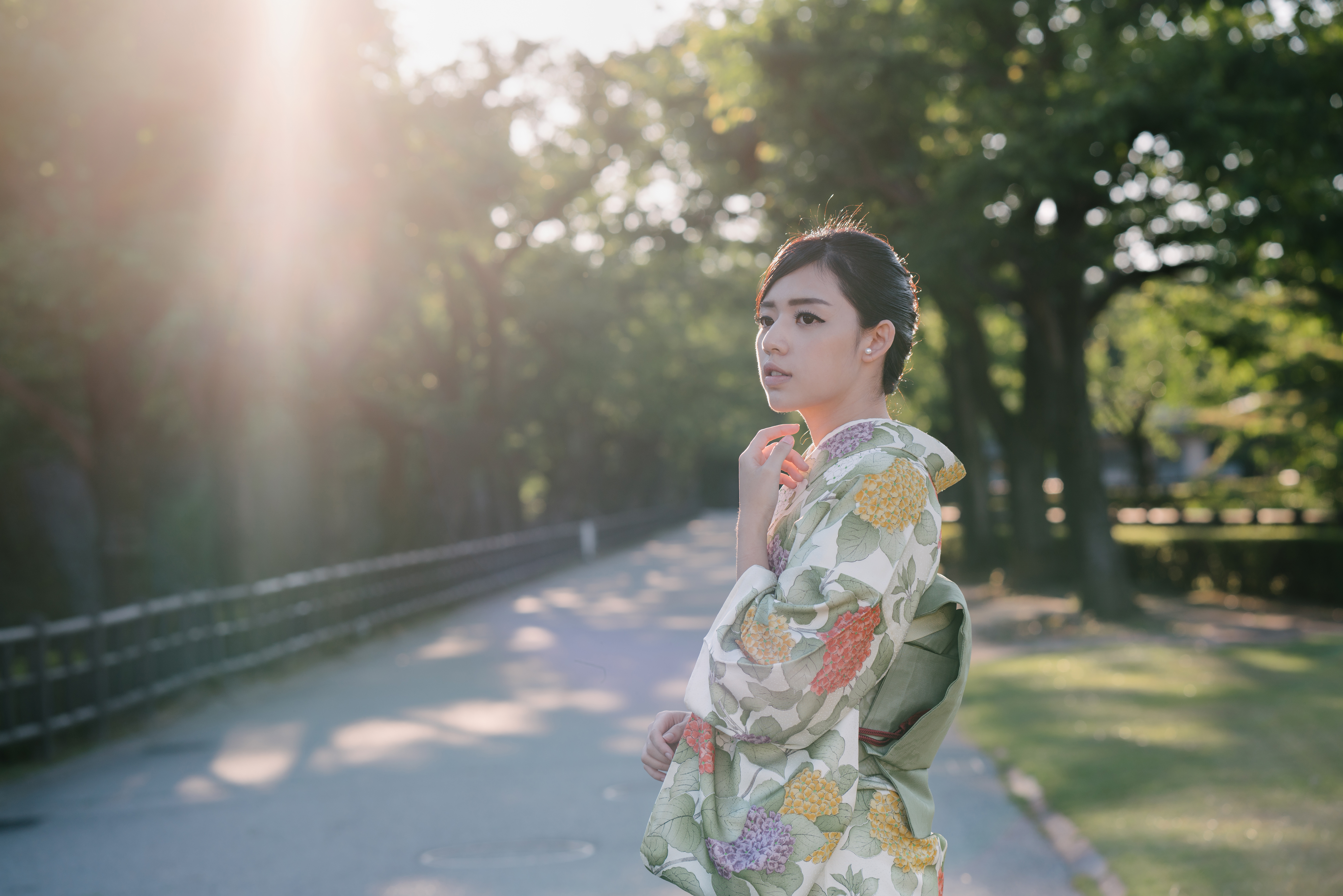 People 5616x3746 Kiki Hsieh model women brunette Asian traditional clothing looking away glare park trees women outdoors