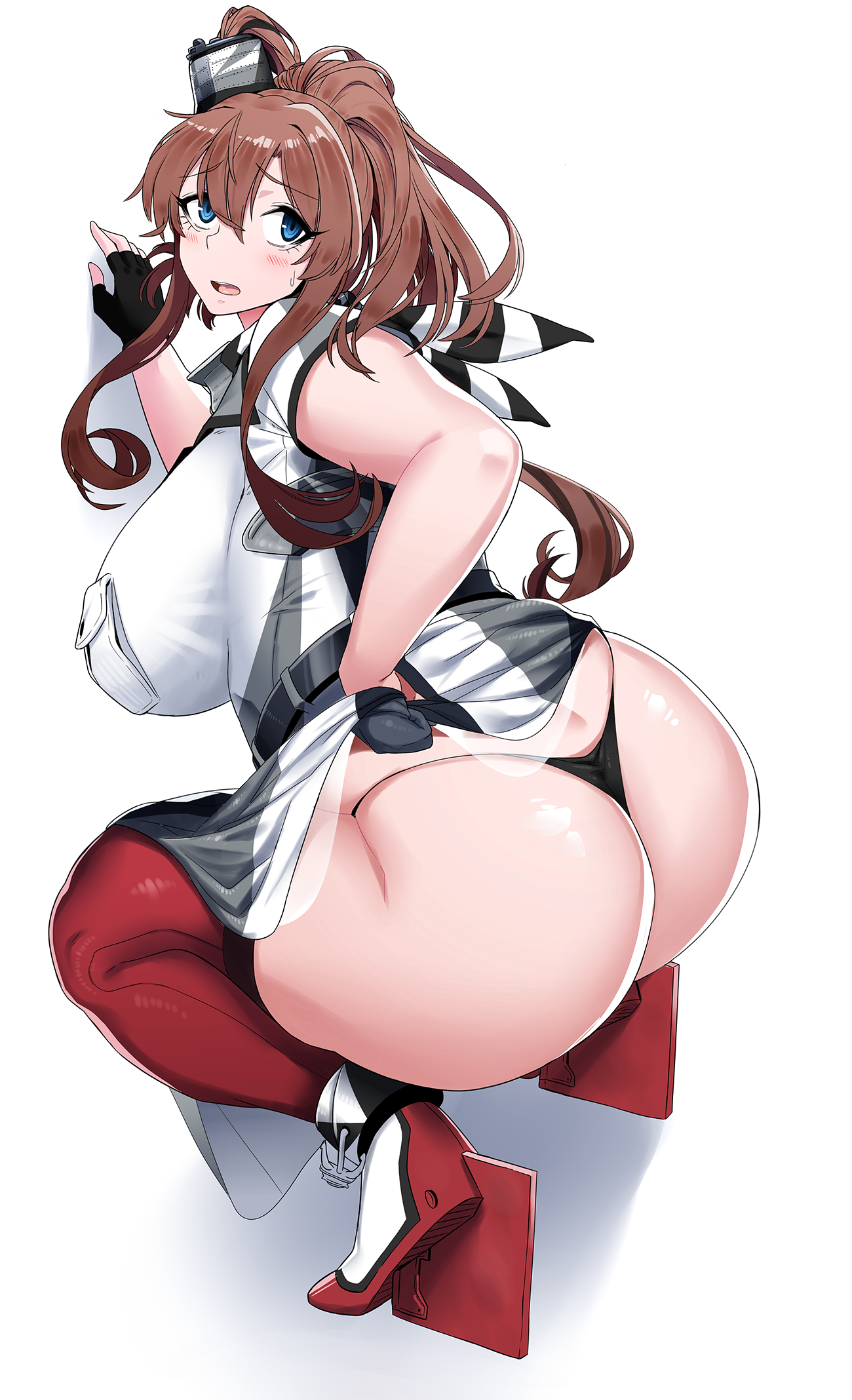 Anime 1300x2136 big boobs anime girls boobs huge breasts Pixiv curvy brunette blue eyes embarrassed squatting G-strings heels open mouth white background anime simple background ass Kantai Collection gloves fingerless gloves blushing black gloves bent legs Saratoga (KanColle) scarf chubby looking at viewer looking back lifting clothes lifting skirt thick thigh thighs long hair