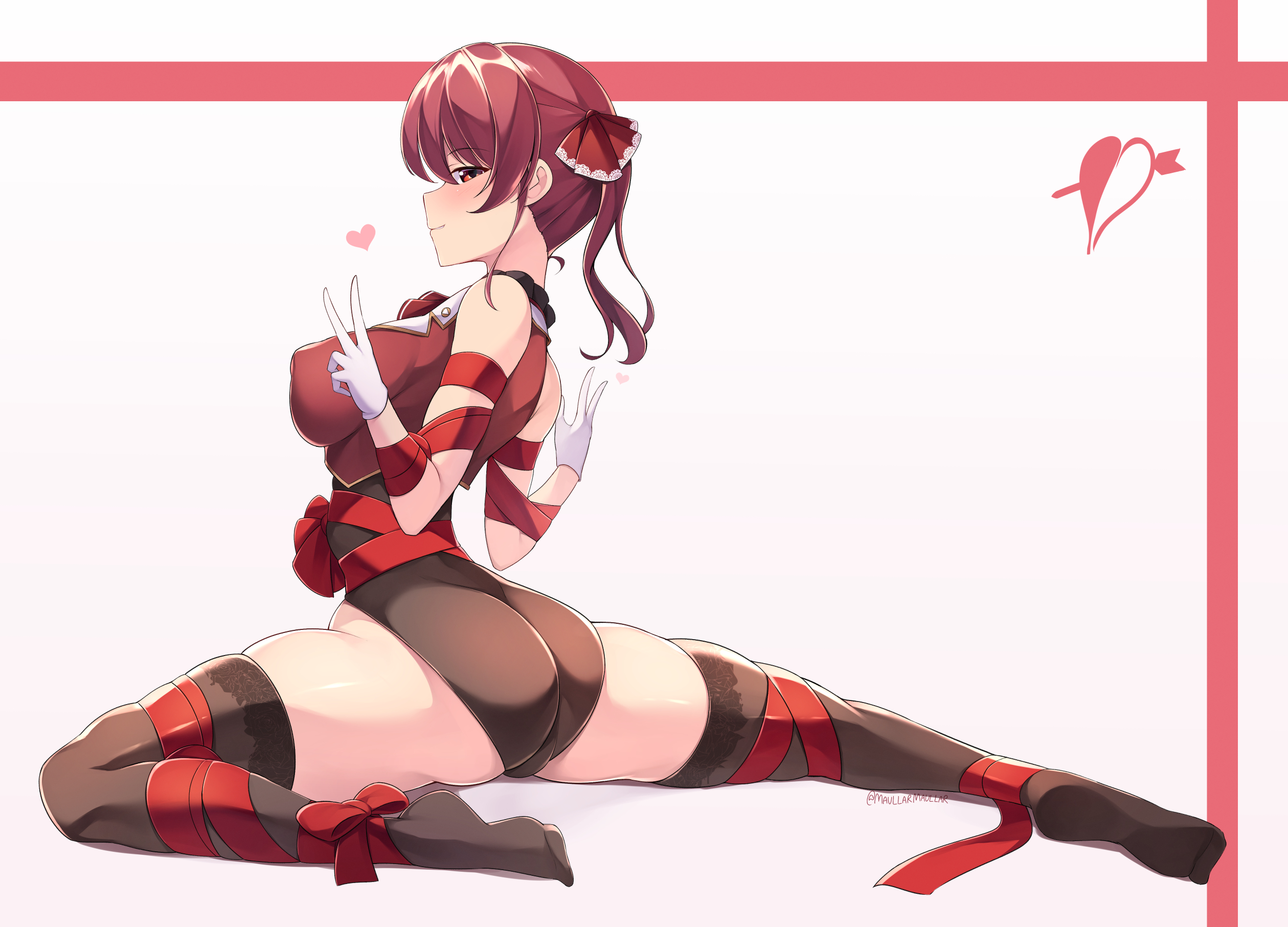 Anime 2519x1813 artwork Hololive Houshou Marine ass flexible redhead red eyes bodysuit stockings red ribbon splits