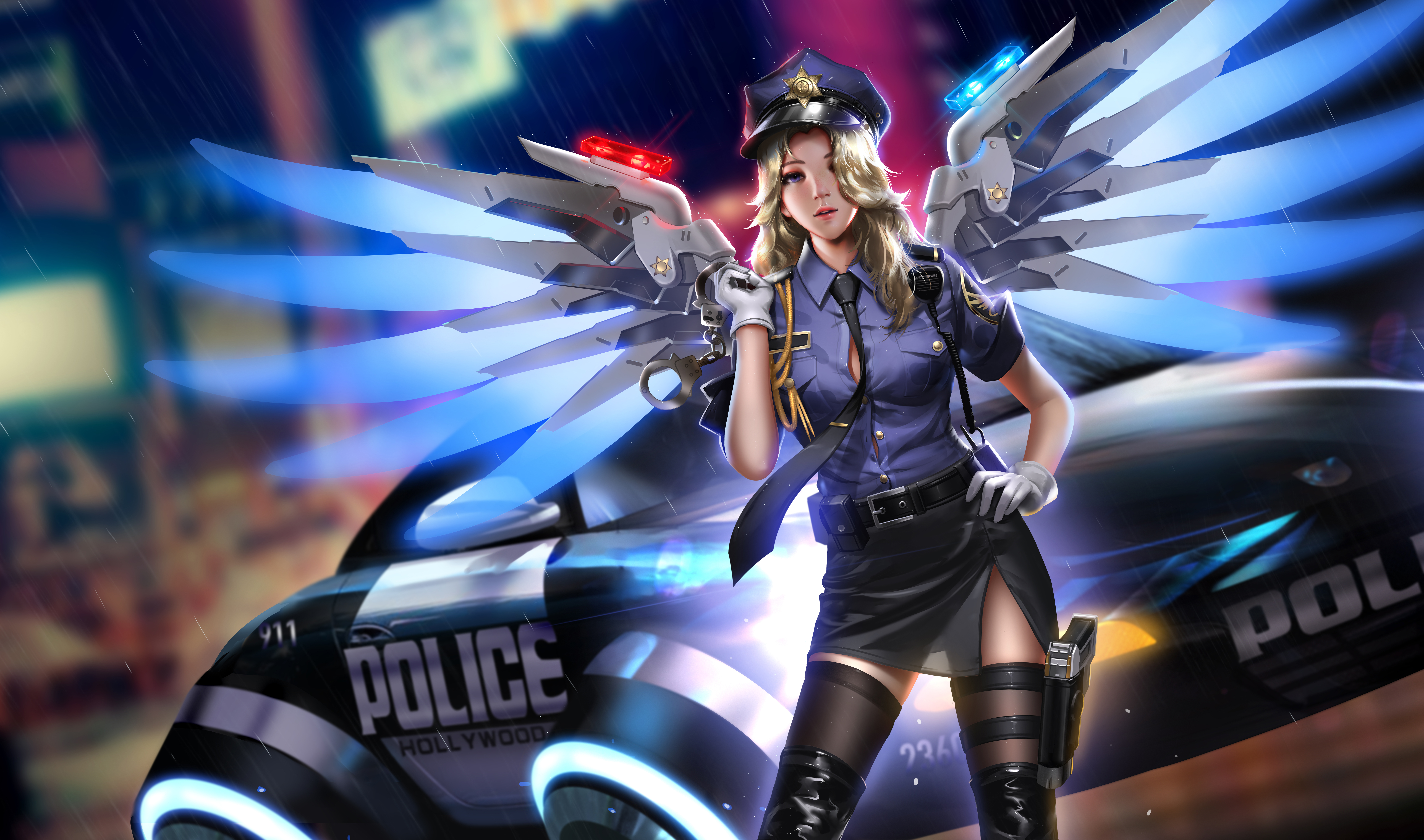 General 8000x4720 Mercy (Overwatch) Overwatch video games video game girls berets video game characters blonde police women wings stockings knee-high boots car police cars futuristic cyberpunk night rain artwork drawing digital art illustration fan art Jason Liang