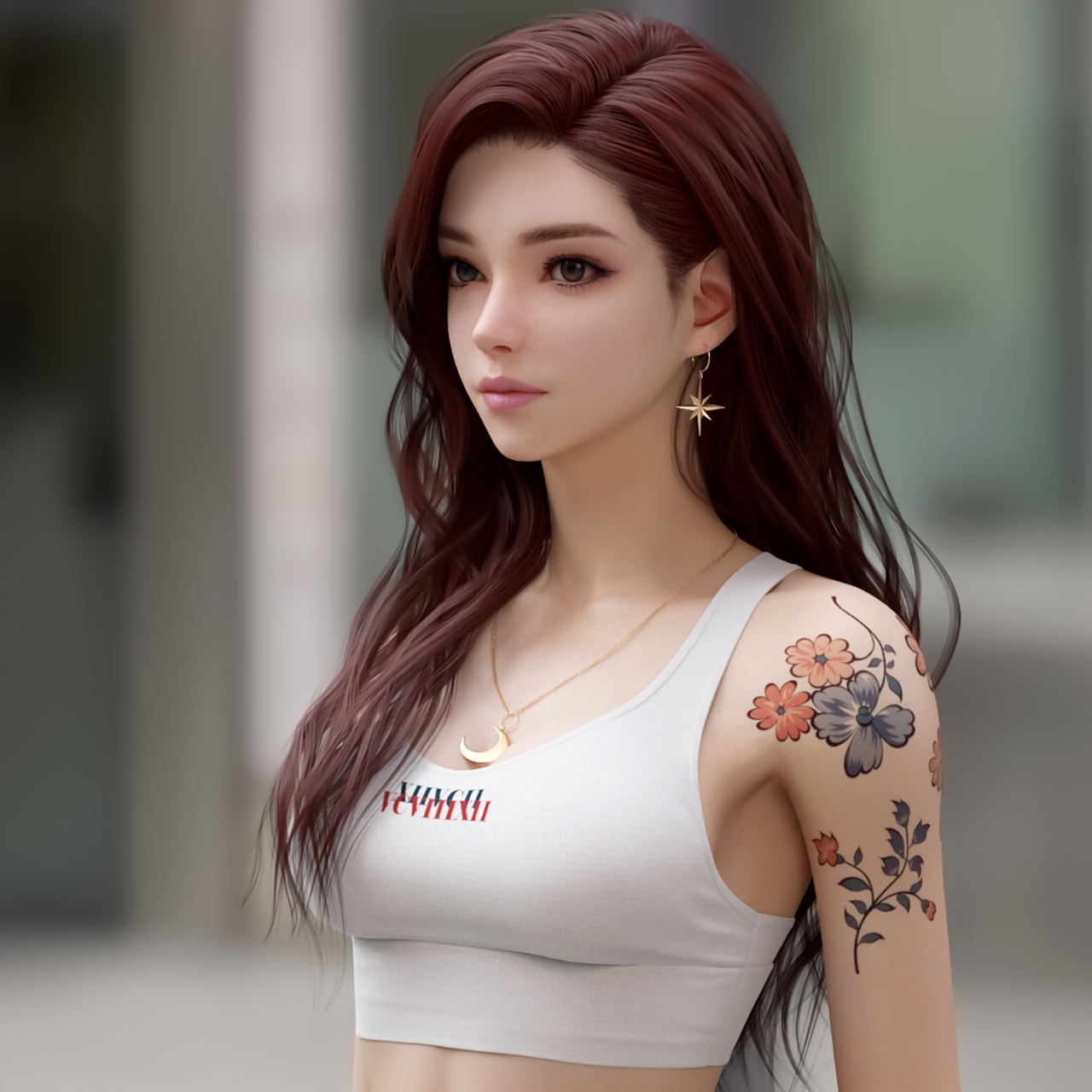 General 1280x1280 Shin JeongHo CGI women redhead tank top white clothing necklace long hair looking away tattoo depth of field portrait