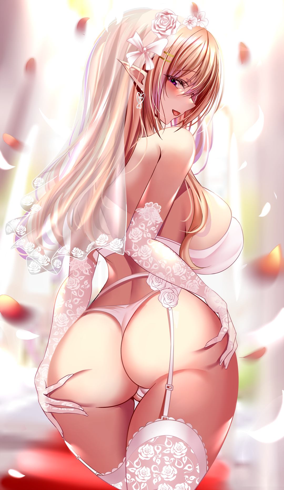 Anime 1080x1864 Kuro (tbm9187) anime girls pointy ears ass blonde stockings big boobs lingerie