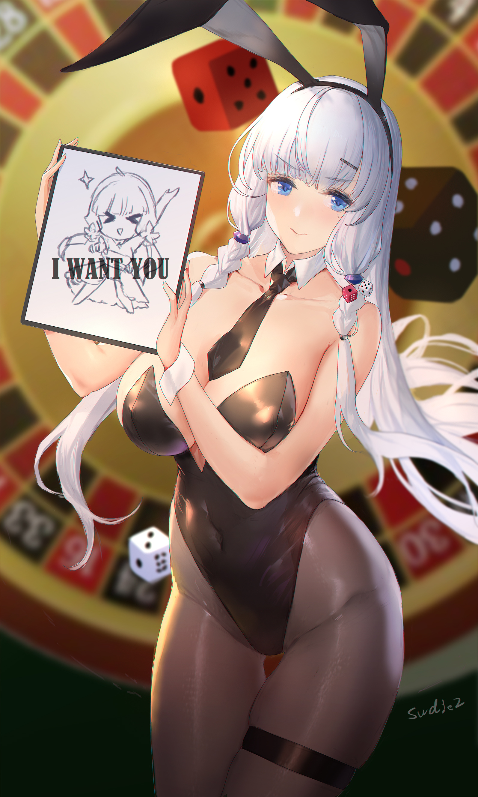 Anime 1595x2657 Swd3e2 anime girls white hair blue eyes long hair braids bunny ears bunny girl black pantyhose pantyhose thigh strap bunny suit cleavage belly button belly chains sleeveless cuffs portrait display leotard necktie dice looking at viewer big boobs