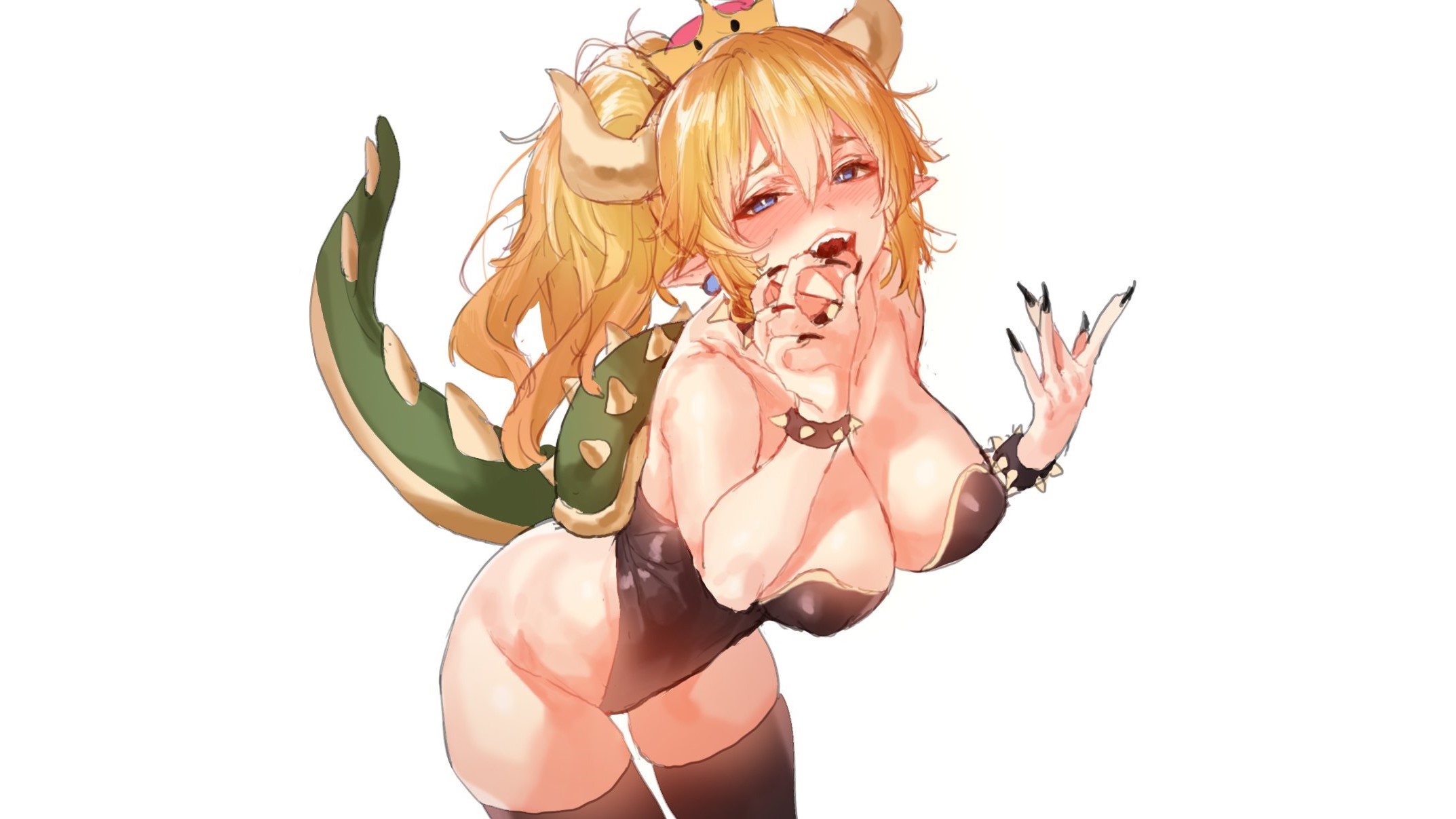Anime 2146x1207 mx2j Bowsette Mario Nintendo anime anime girls women video game girls simple background blonde long hair horns looking at viewer blue eyes blushing open mouth tongue out suggestive cleavage boobs big boobs crown leotard collar thighs thick thigh thigh-highs tail
