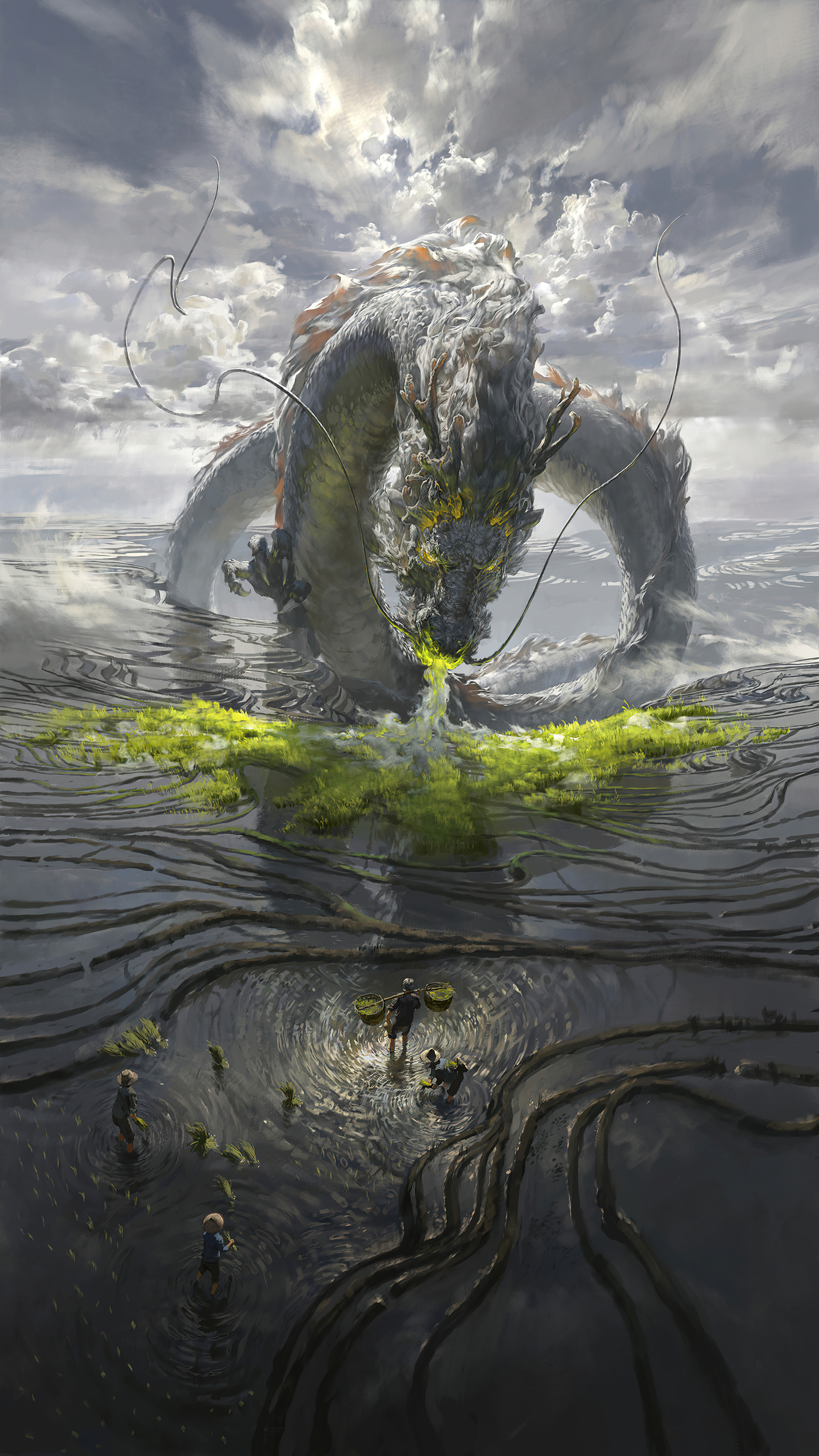 Anime 2925x5200 Chinese dragon farm farmers rice fields Xision Wu artwork