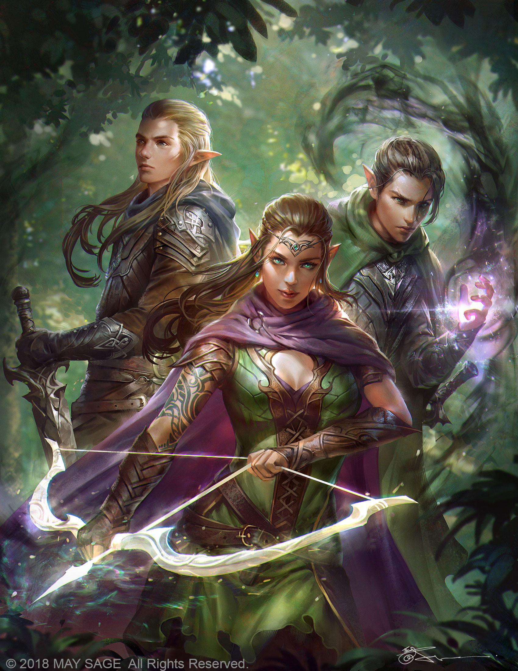 General 1699x2200 Jeremy Chong drawing women men elves cape weapon bow sword spell forest fantasy art green eyes tiaras brunette blonde
