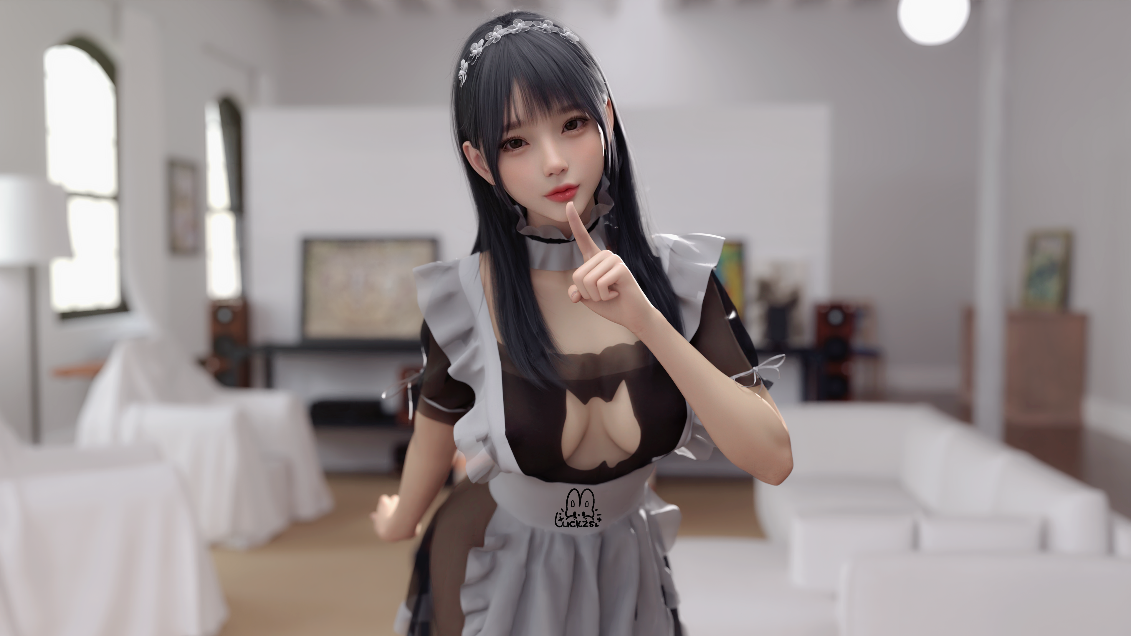 General 3840x2160 CGI cleavage Asian looking at viewer Luck zs maid maid outfit depth of field digital art women indoors long hair aegyo sal