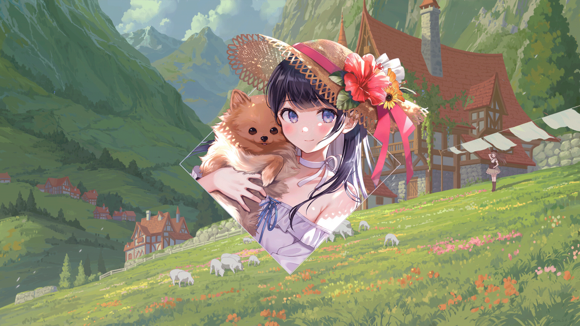 Anime 1920x1080 anime anime girls landscape picture-in-picture camp puppies flowers mountains