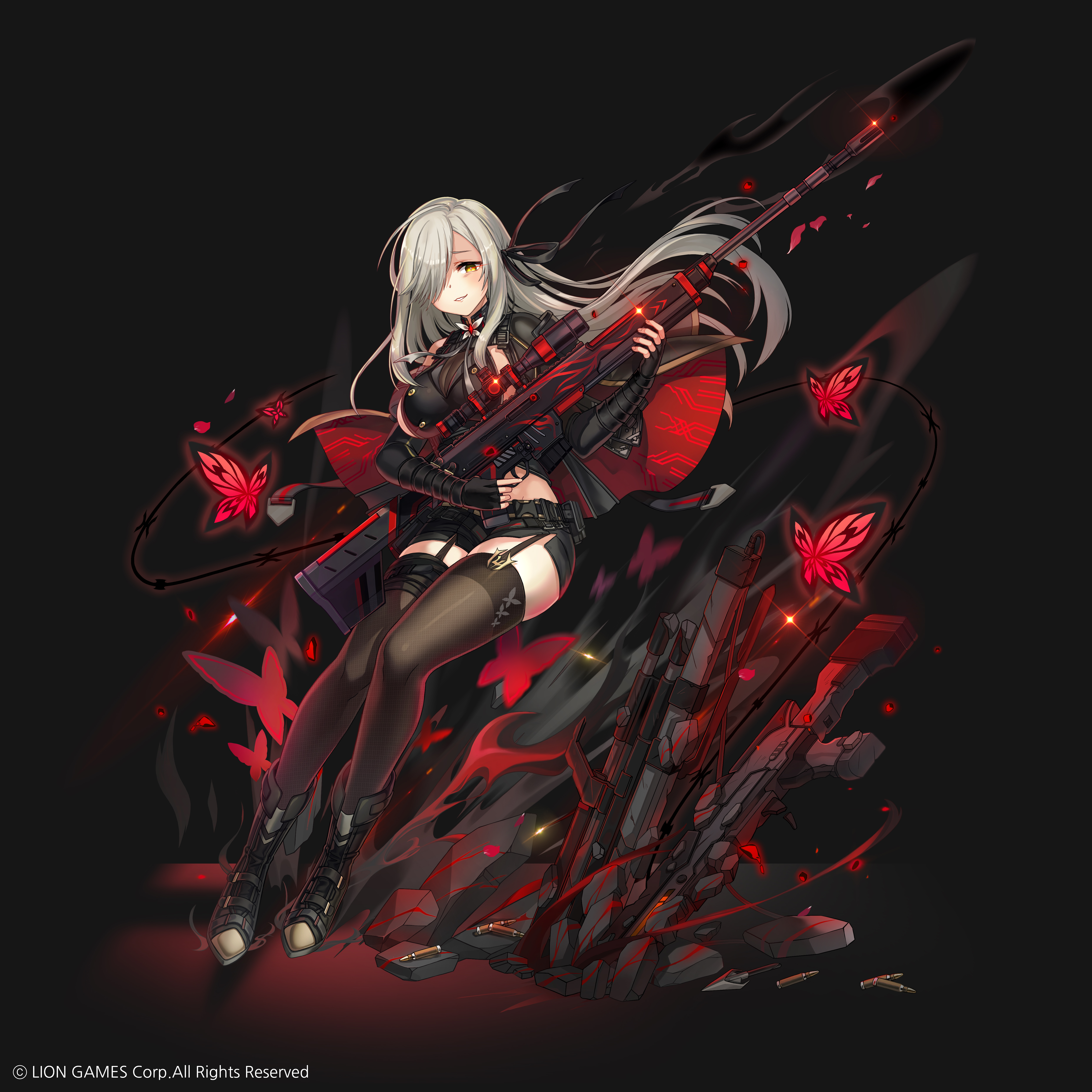 Anime 5024x5024 anime anime girls original characters simple background butterfly gun sniper rifle Kyjsogom portrait display black stockings garter straps short shorts silver hair yellow eyes smiling Soul Worker