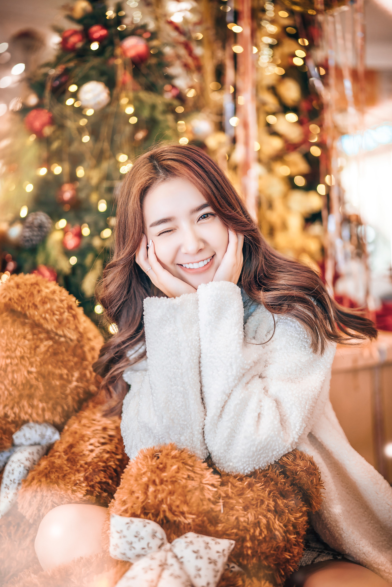 People 1365x2047 happy smiling Christmas indoors women Asian looking at viewer women indoors one eye closed long hair dyed hair