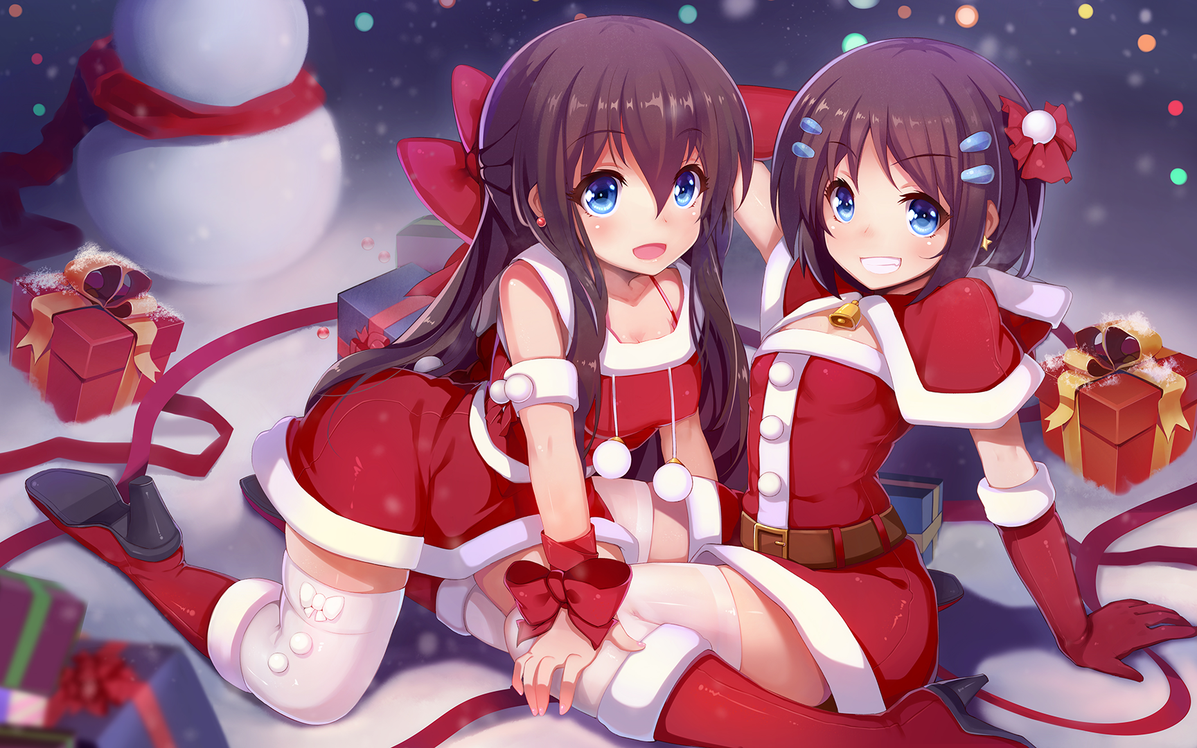 Anime 1728x1080 anime girls Santa costume nerv110 Christmas presents thigh-highs Santa girl brunette blue eyes