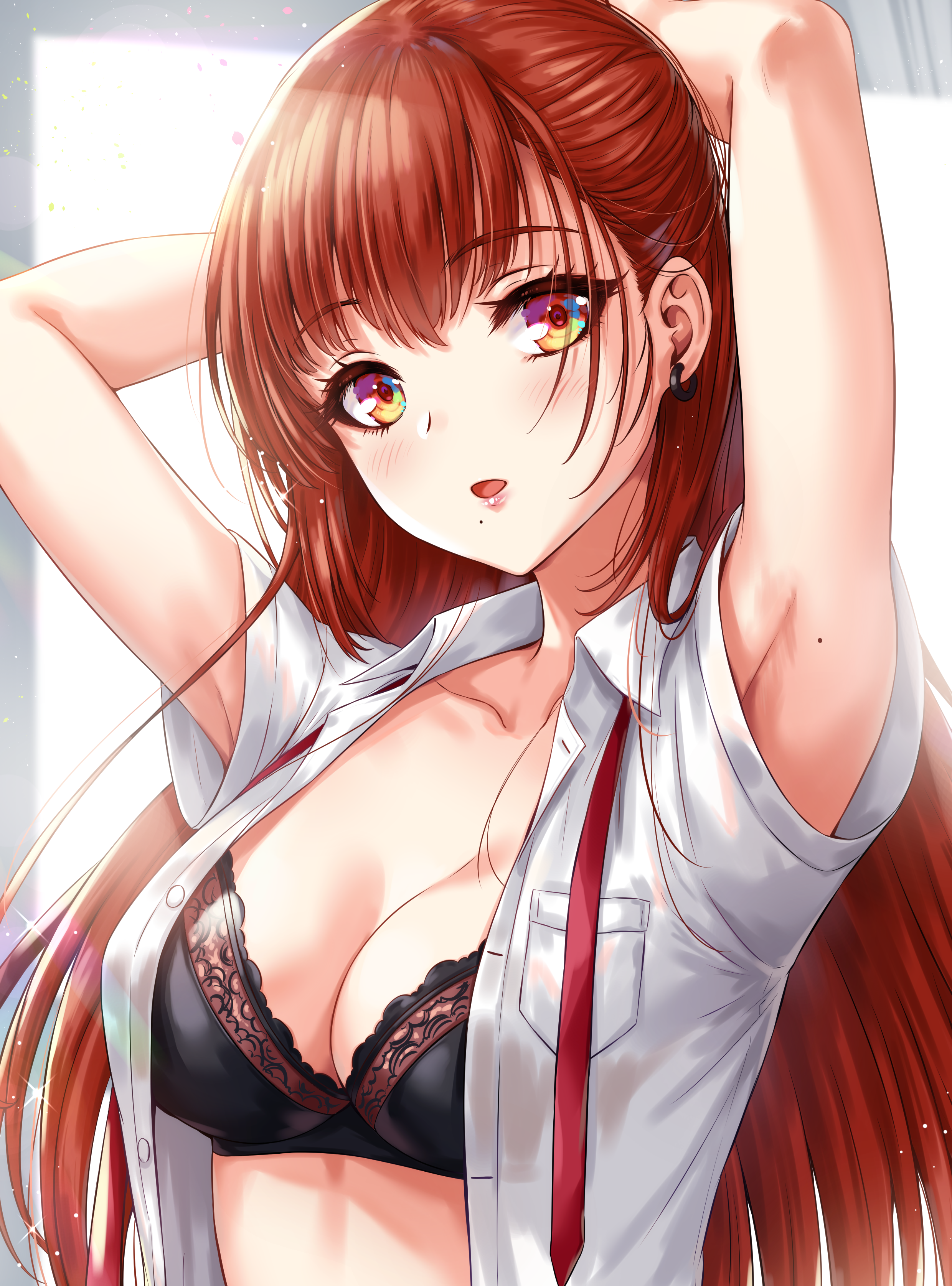 Anime 2481x3353 anime anime girls digital art artwork 2D portrait display black bras redhead arms up open shirt cleavage sakiyamama